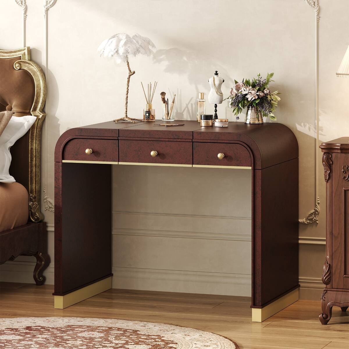 Left. Loheer - Loheer Flip Top Vanity Desk, Espresso Vanity Table with Mirror and Hidden Storage - Espresso.