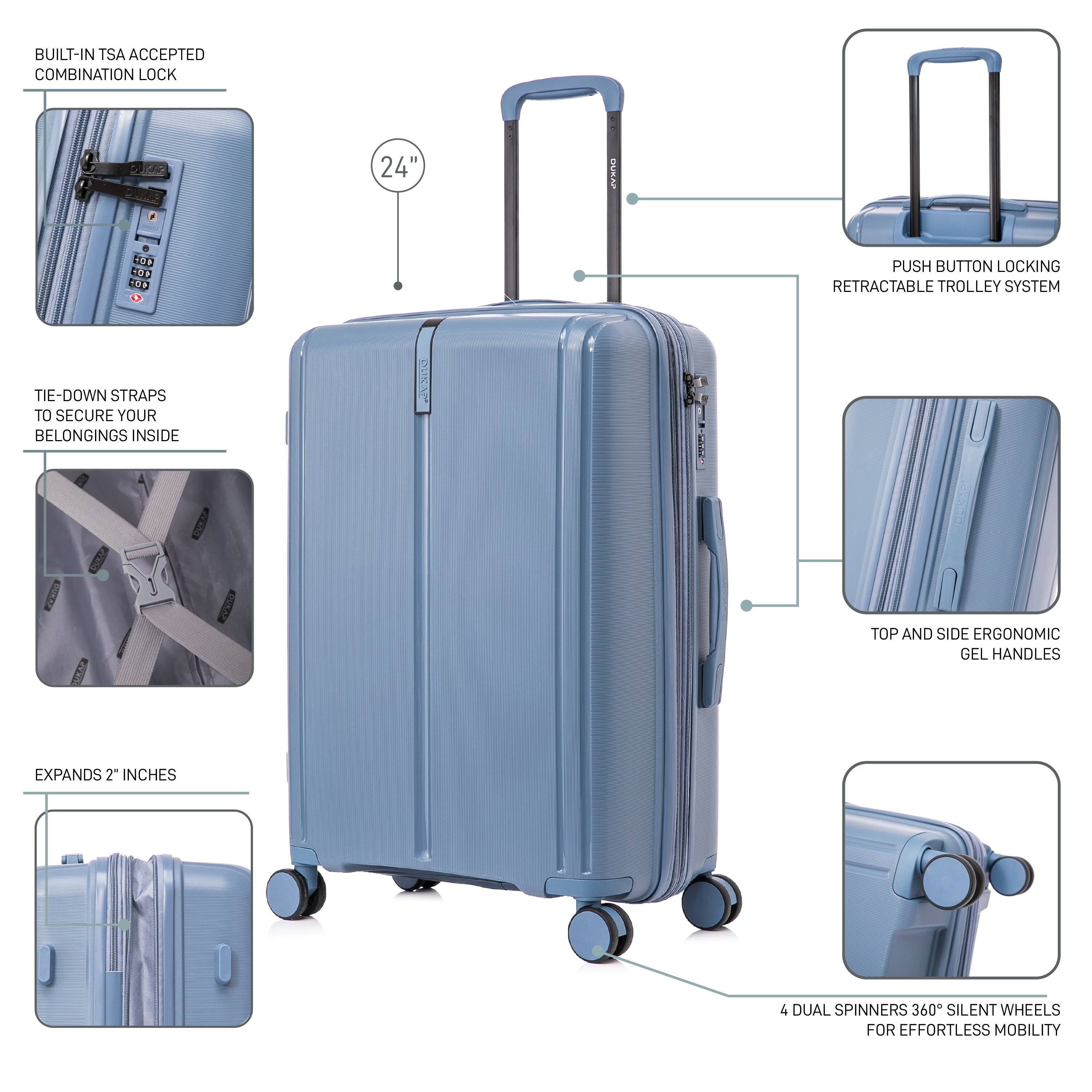- BUILT-IN TSA ACCEPTED COMBINATION LOCK
- 24" HEIGHT
- PUSH BUTTON LOCKING RETRACTABLE TROLLEY SYSTEM
- TIE-DOWN STRAPS TO SECURE YOUR BELONGINGS INSIDE
- EXPANDS 2" INCHES
- TOP AND SIDE ERGONOMIC GEL HANDLES
- 4 DUAL SPINNERS 360° SILENT WHEELS FOR EFFORTLESS MOBILITY