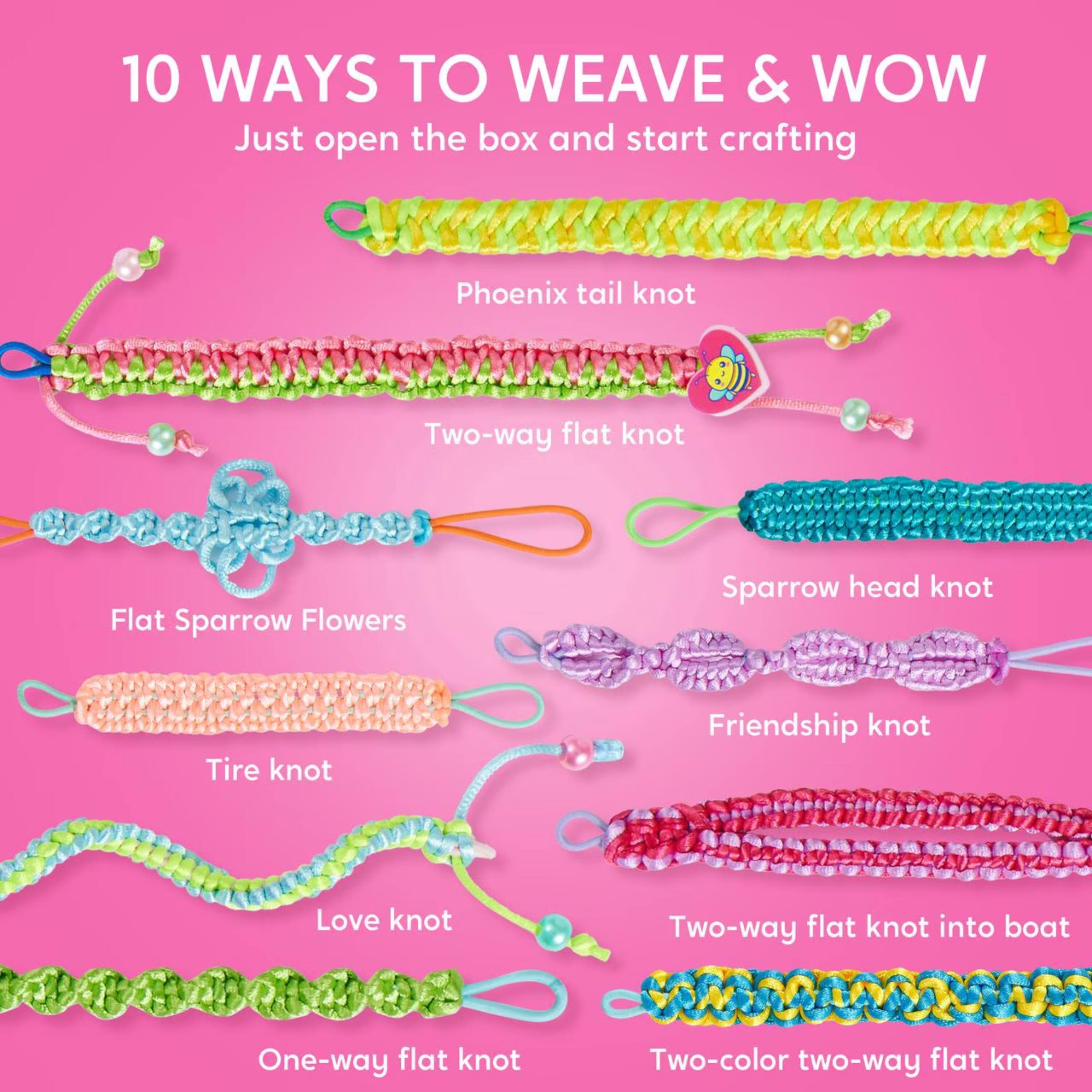 10 WAYS TO WEAVE & WOW  
Just open the box and start crafting

- Phoenix tail knot
- Two-way flat knot
- Flat Sparrow Flowers
- Sparrow head knot
- Tire knot
- Friendship knot
- Love knot
- Two-way flat knot into boat
- One-way flat knot
- Two-color two-way flat knot