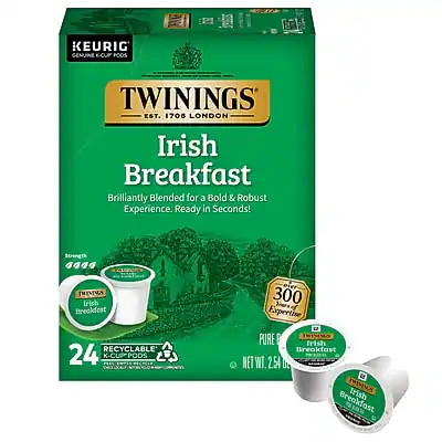 KEURIG CENUINE KOJ POOS TWININGS EST. 1706 LONDON Irish Breakfast Brilliantly Blended for a Bold & Robust Experience. Ready in Seconds! Strength DINA Irish Breakfast RECYCLABLE 24 K-CU PODS over 300 Expertise PURE B Fresh Breakfast NET WT. 2.54 oz Irish Breakfast