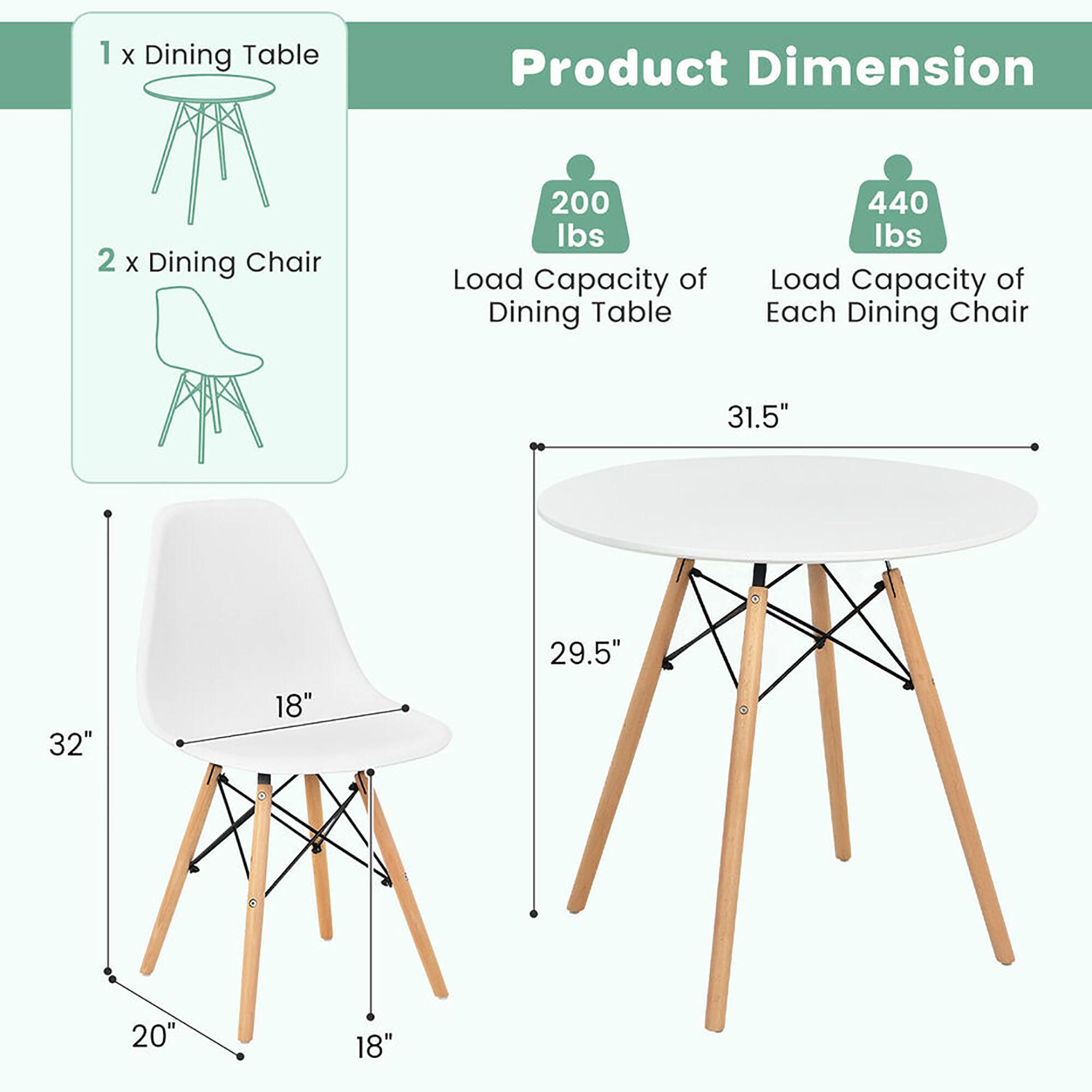 1 x Dining Table  
2 x Dining Chair  

Product Dimension  
Load Capacity of Dining Table: 200 lbs  
Load Capacity of Each Dining Chair: 440 lbs  

Dimensions:  
- Table: 31.5" diameter, 29.5" height  
- Chair: 32" height, 18" seat width, 20" seat depth, 18" leg width