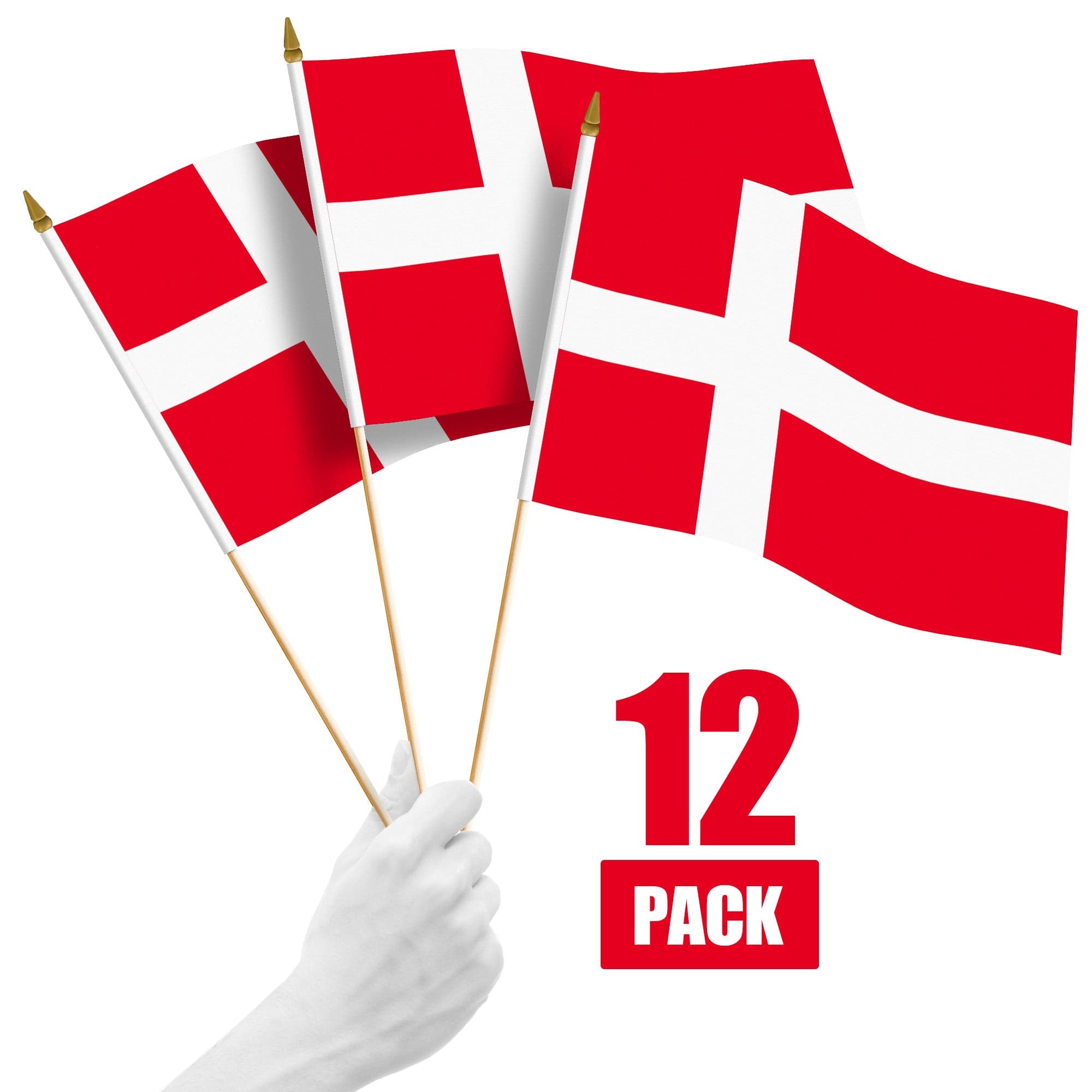 G128 - 12-Pack Handheld Denmark Flags — 12 x 18 in, 150D Polyester with Wooden Stick & Gold Spear Tip - Assorted Colors