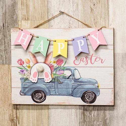 Angle. BreeBe - Happy Easter Banner Bunny Truck Hanging Wood Sign - Multi.