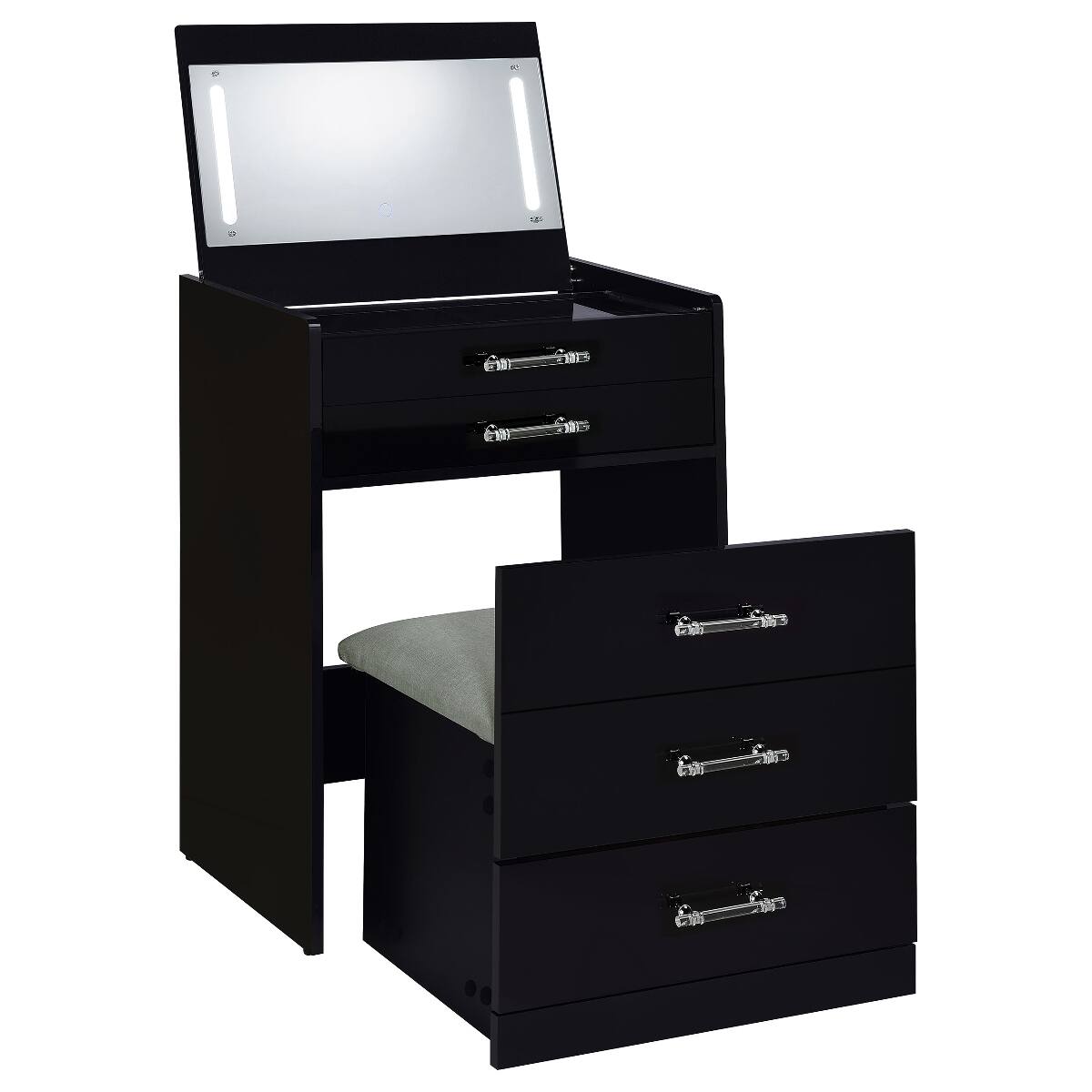 Alt View 1. Loheer - Loheer Black High Gloss Makeup Vanity Set with Mirror and Stool - Black.