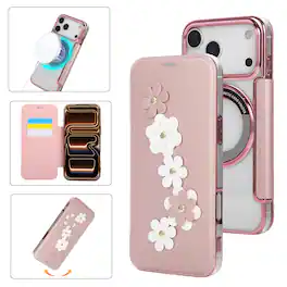 Dteck - Floral Relief Faux Leather Flip Wallet Case for Apple iPhone 17 Pro Max,Mag Safe Electroplated Slim Clear Back Cover - Rosegold
