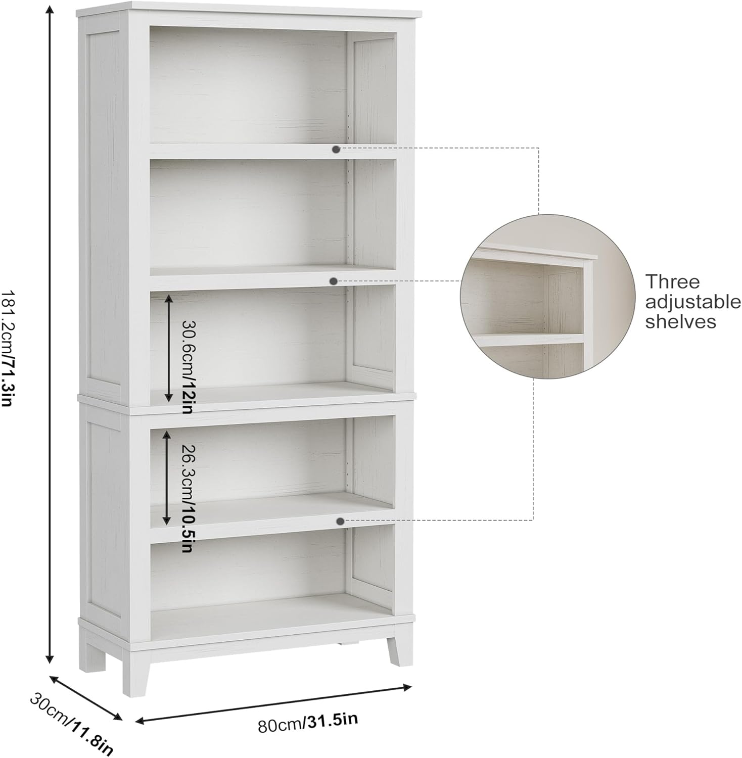 181.2cm/71.3in  
30.6cm/12in  
26.3cm/10.5in  
Three adjustable shelves  
30cm/11.8in  
80cm/31.5in