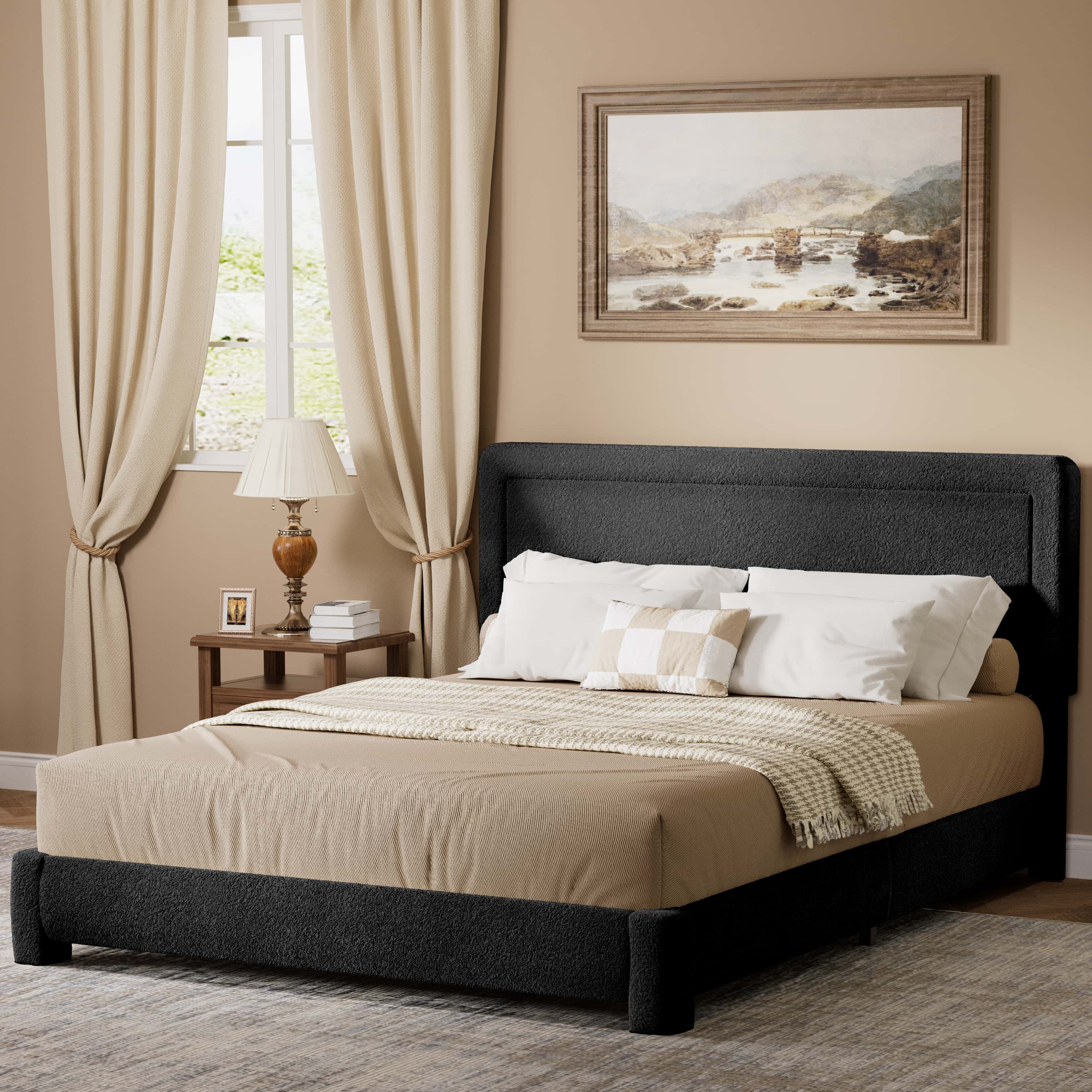 Back. Dyonery - Dyonery Queen-size bed frame, modern black bed frame with adjustable headboard, rounded soft corners,easy assembly. - Black.