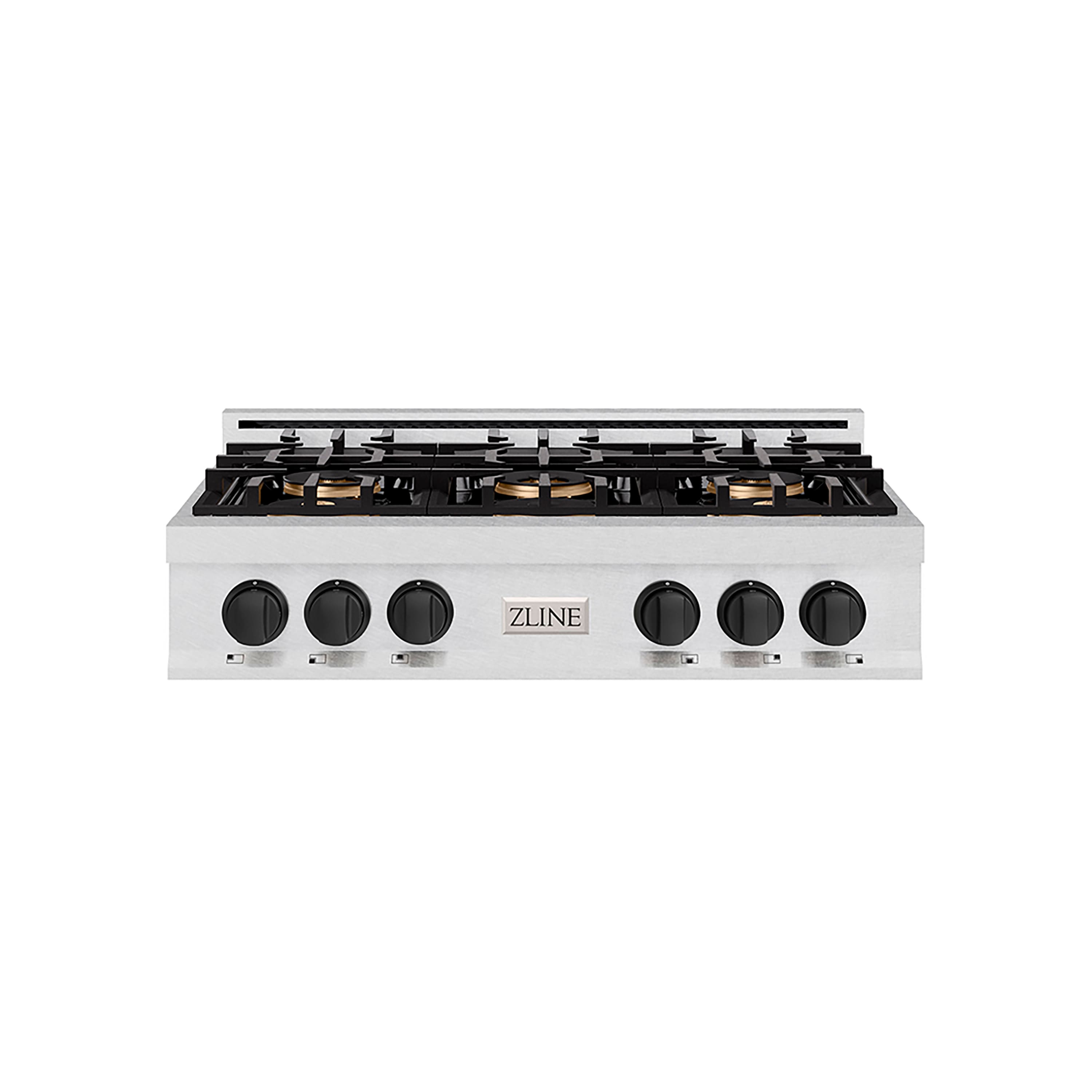 ZLINE Autograph 36 in. Satin Steel Classic Rangetop with 6 DuoPro Burners and Black Accents (PCRTSZ-36-MB) Front
