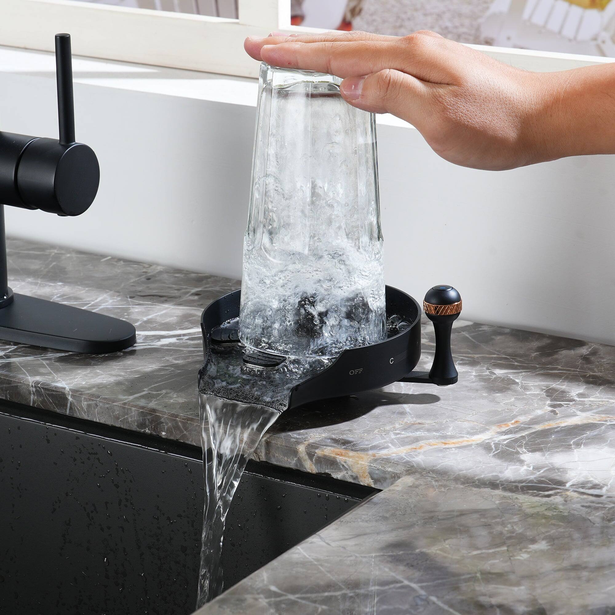 Alt View 3. Boyel Living - 5 in. Stainless Steel Glass Rinser with Hot and Cold Water Supply Hoses and T-shaped 3 way Connectors in Matte Black - Matte Black.