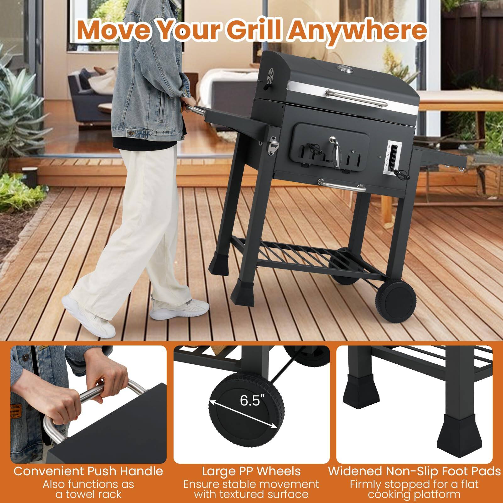 Move Your Grill Anywhere

- Convenient Push Handle
  - Also functions as a towel rack

- Large PP Wheels
  - Ensure stable movement with textured surface

- Widened Non-Slip Foot Pads
  - Firmly stopped for a flat cooking platform