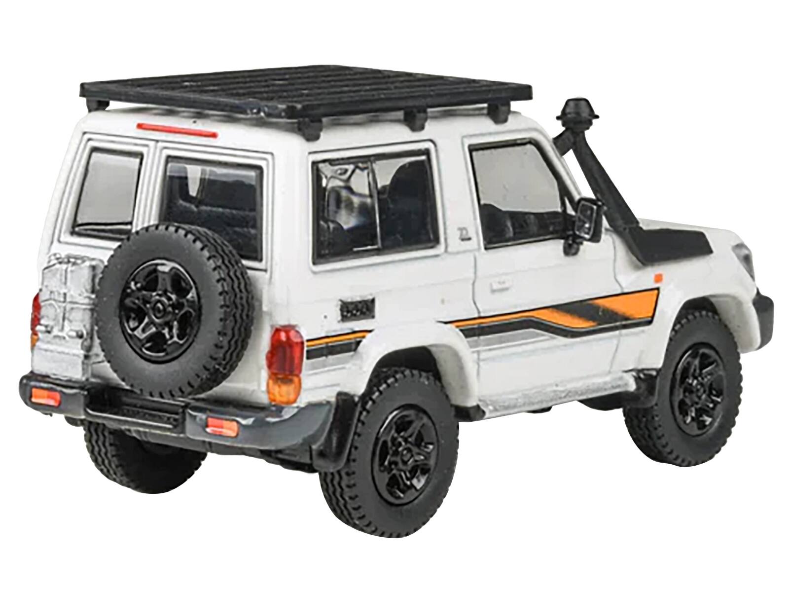 Back. Paragon - 2023 Toyota Land Cruiser 71 White "70th Anniversary" with Stripes and Roofrack 1/64 Diecast Model Car by Paragon Models - White.