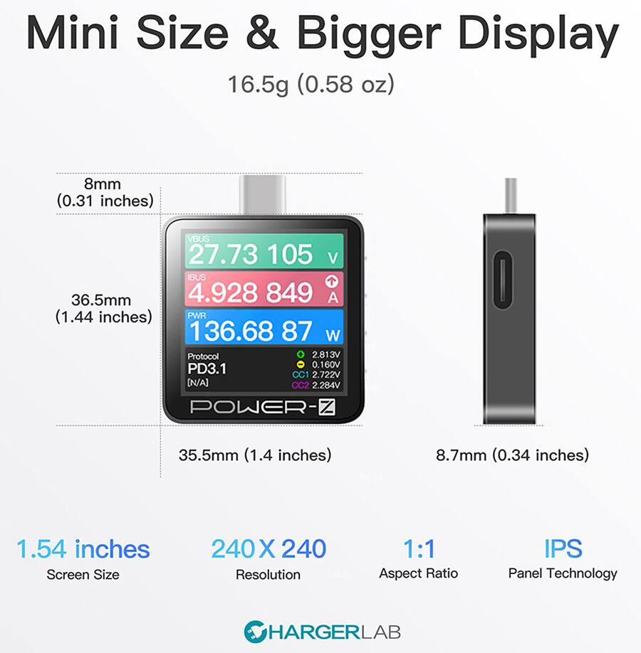 ChargerLAB POWER-Z C240 - Regolatore Di Corrente Portatile USB-C C240, Misuratore Di Potenza Digitale, Supporta Fino A 240 W E PD3.1 QC5.0, Per Telefoni USB-C, Laptop, Caricabatterie E Altro Ancora