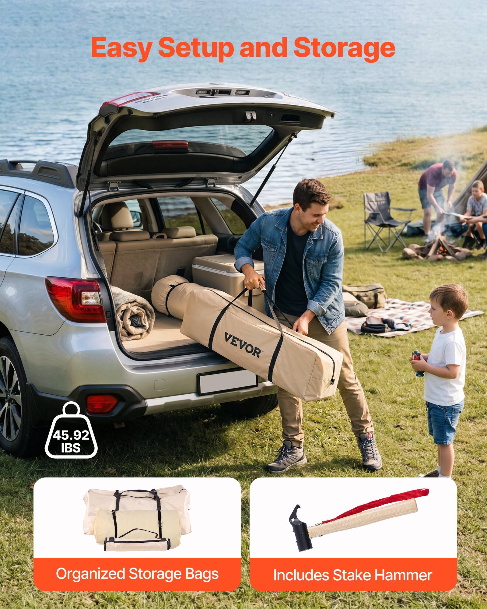 Easy Setup and Storage

VEVOR 45.92 IBS

Organized Storage Bags

Includes Stake Hammer