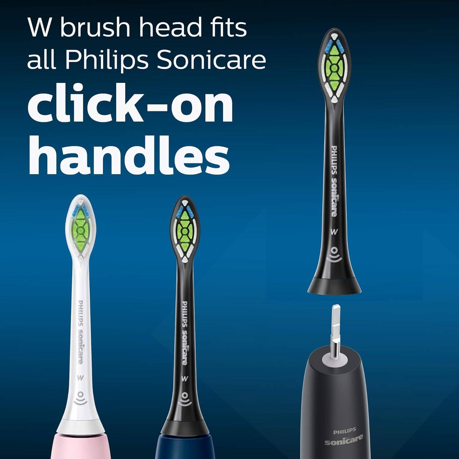 W brush head fits all Philips Sonicare click-on handles