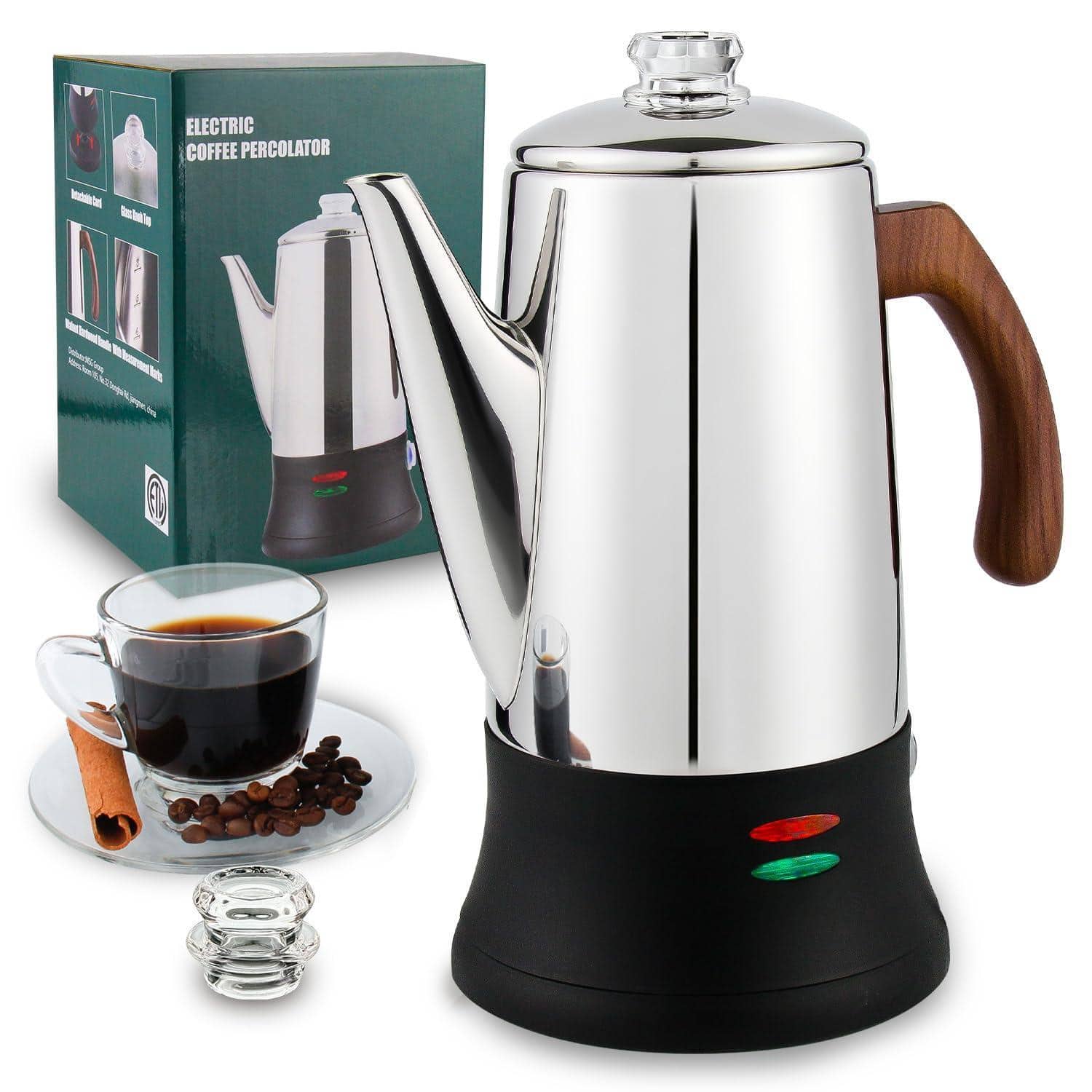 Dapper Styles - Electric Coffee Percolator Stainless Steel Maker With Heat Resistant Tough Glass Clear Brew Progress Knob K - Stainless Steel-8 Cup