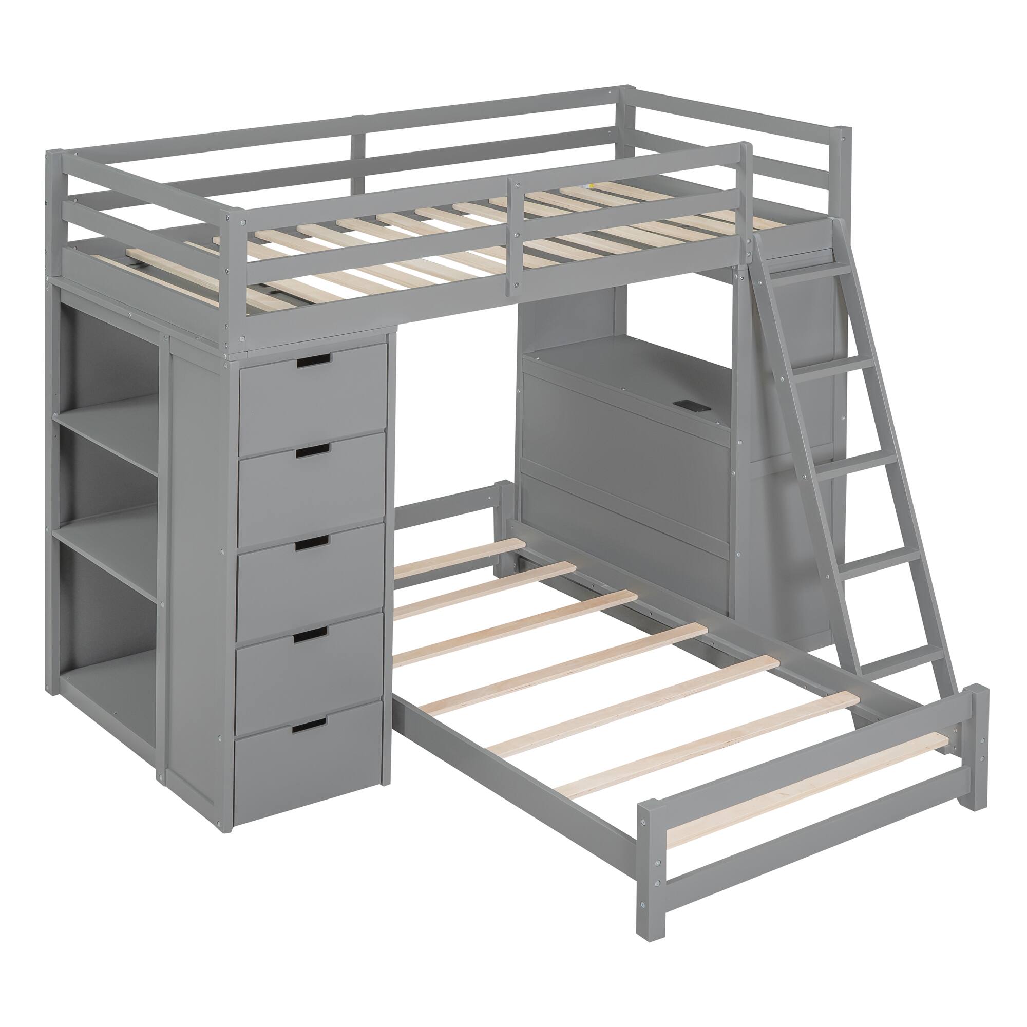 Back. Tiramisubest - Gray Twin over Twin Bunk Bed with LED, USB, Drawers, Shelves & Desk - Gray.