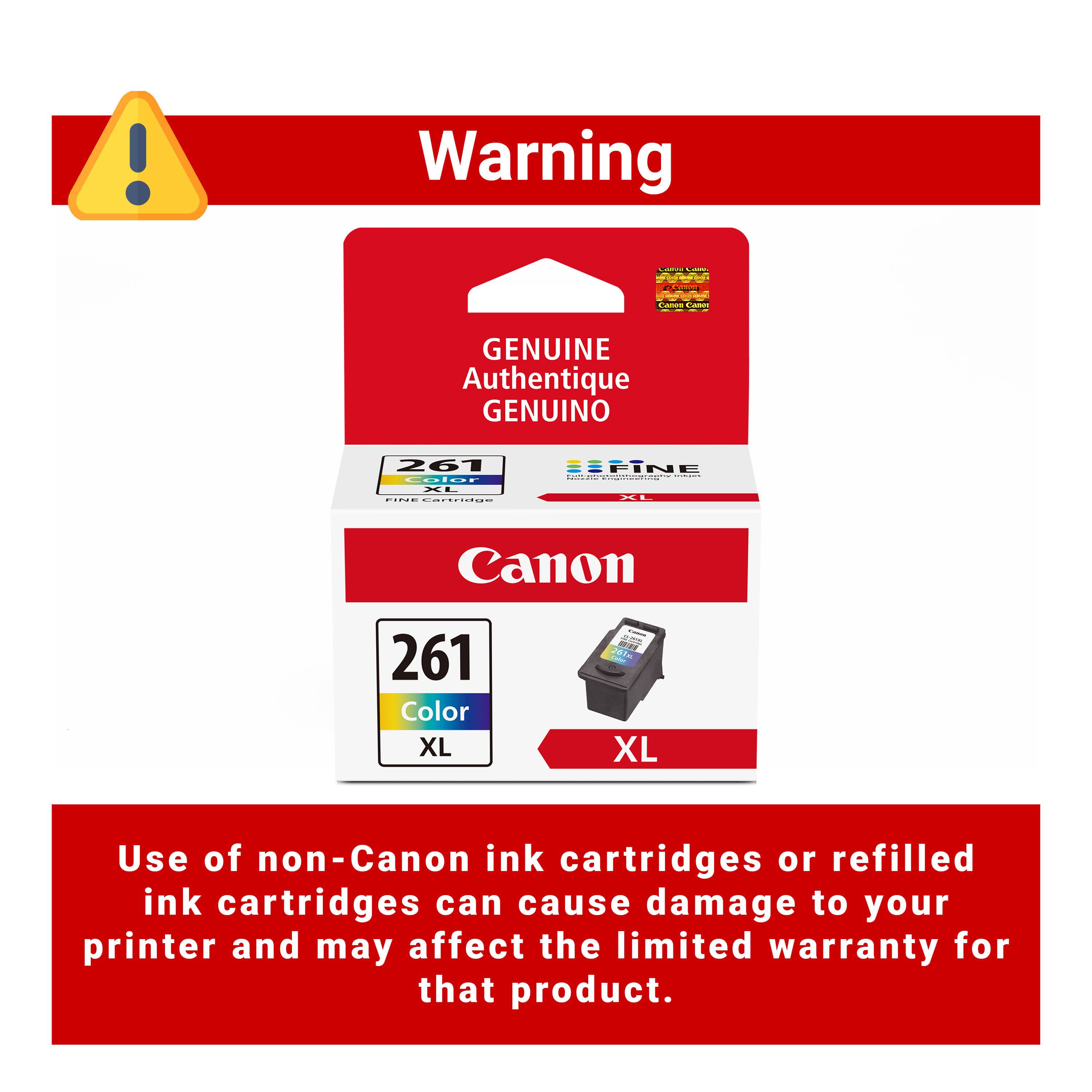 Warning - GENUINE Authentique GENUINO 261 Color XL

Use of non-Canon ink cartridges or refilled ink cartridges can cause damage to your printer and may affect the limited warranty for that product.