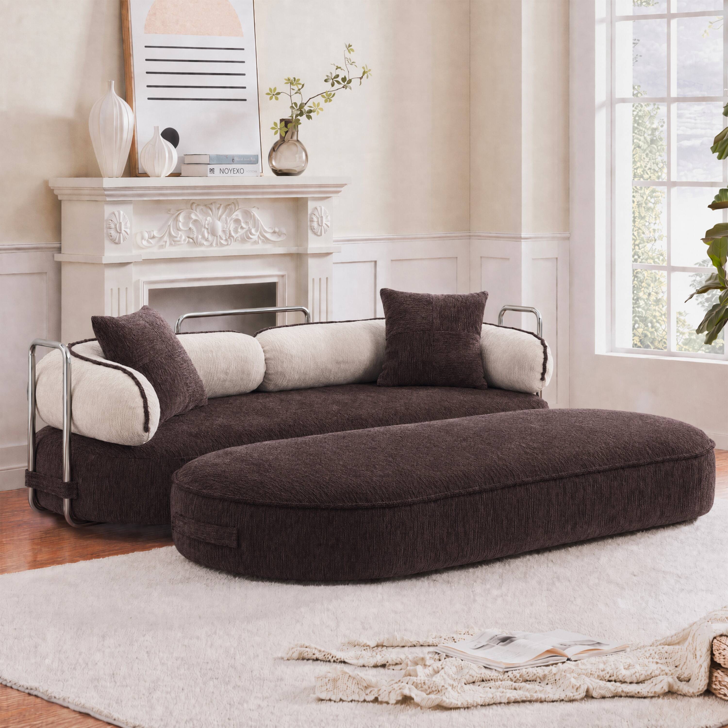 Left. Vipbear - Curved Loveseat with 4 Pillows, Modern Boneless Couch, Convertible Sleeper Sofa Bed - Brown/Cream.