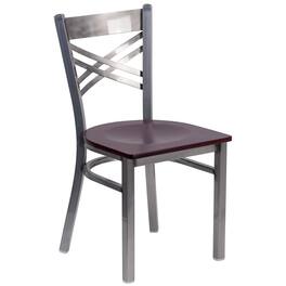 Flash Furniture - HERCULES Series Silver Antique Finish with Clear Coat ''X'' Back Metal Restaurant Chair - Mahogany Wood Seat - Brown