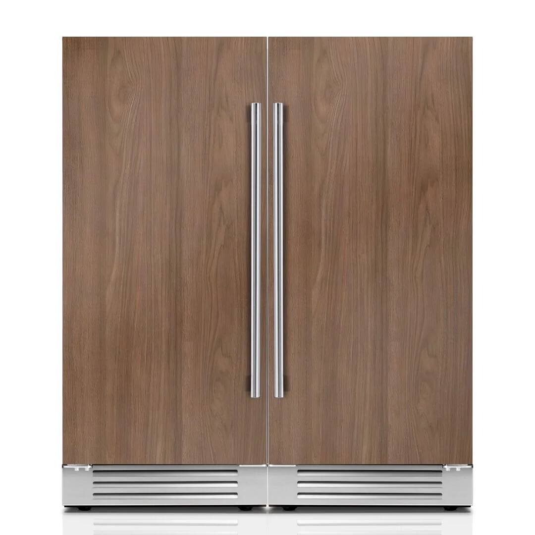 Angle. Ca'Lefort - 30 inch Built-in Panel Ready Dual Zone Wine Fridge and Beverage Refrigerator Bundle, 3 color LED, (Panels Not Included) - Stainless Steel.