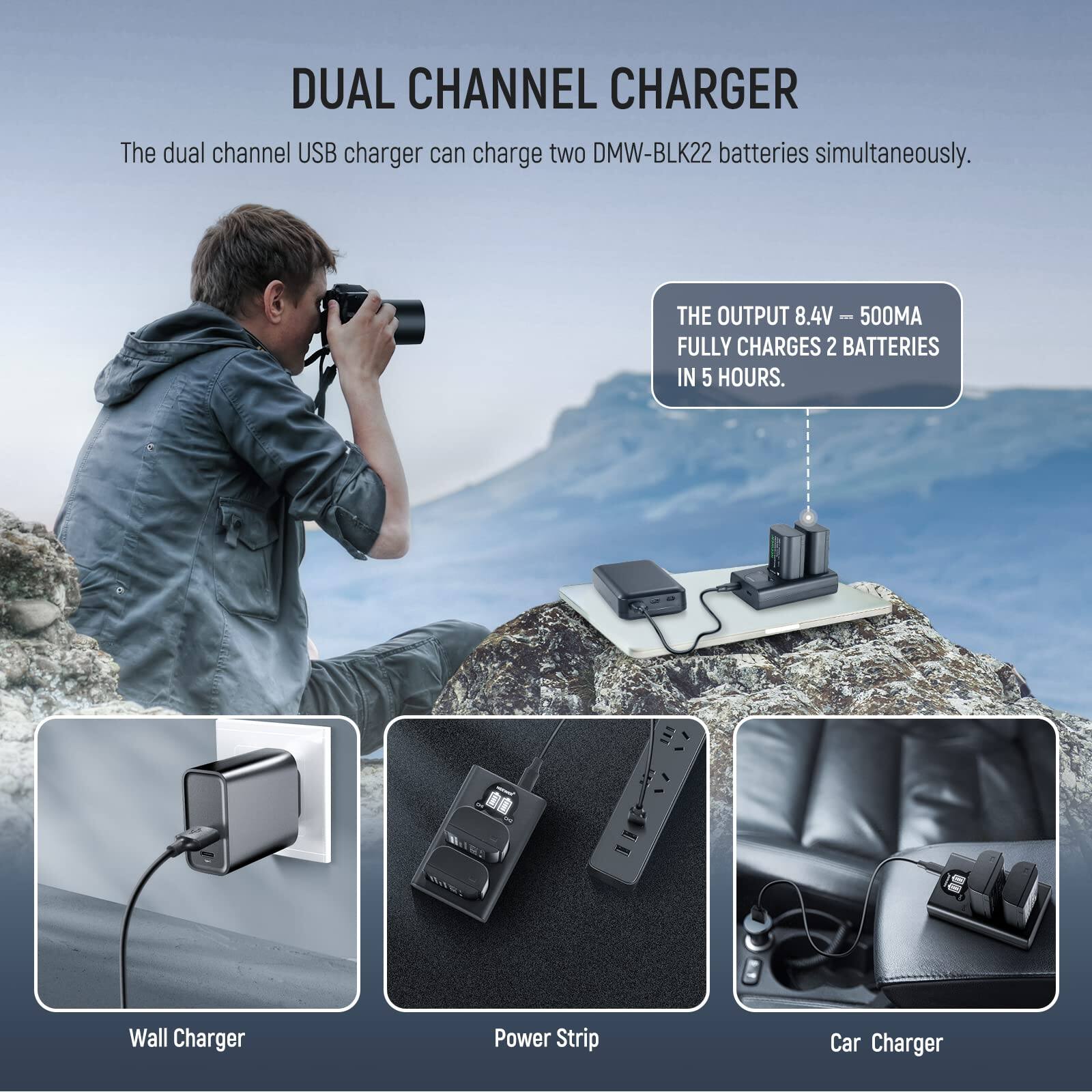 DUAL CHANNEL CHARGER

The dual channel USB charger can charge two DMW-BLK22 batteries simultaneously.

THE OUTPUT 8.4V - 500MA FULLY CHARGES 2 BATTERIES IN 5 HOURS.

Wall Charger
Power Strip
Car Charger