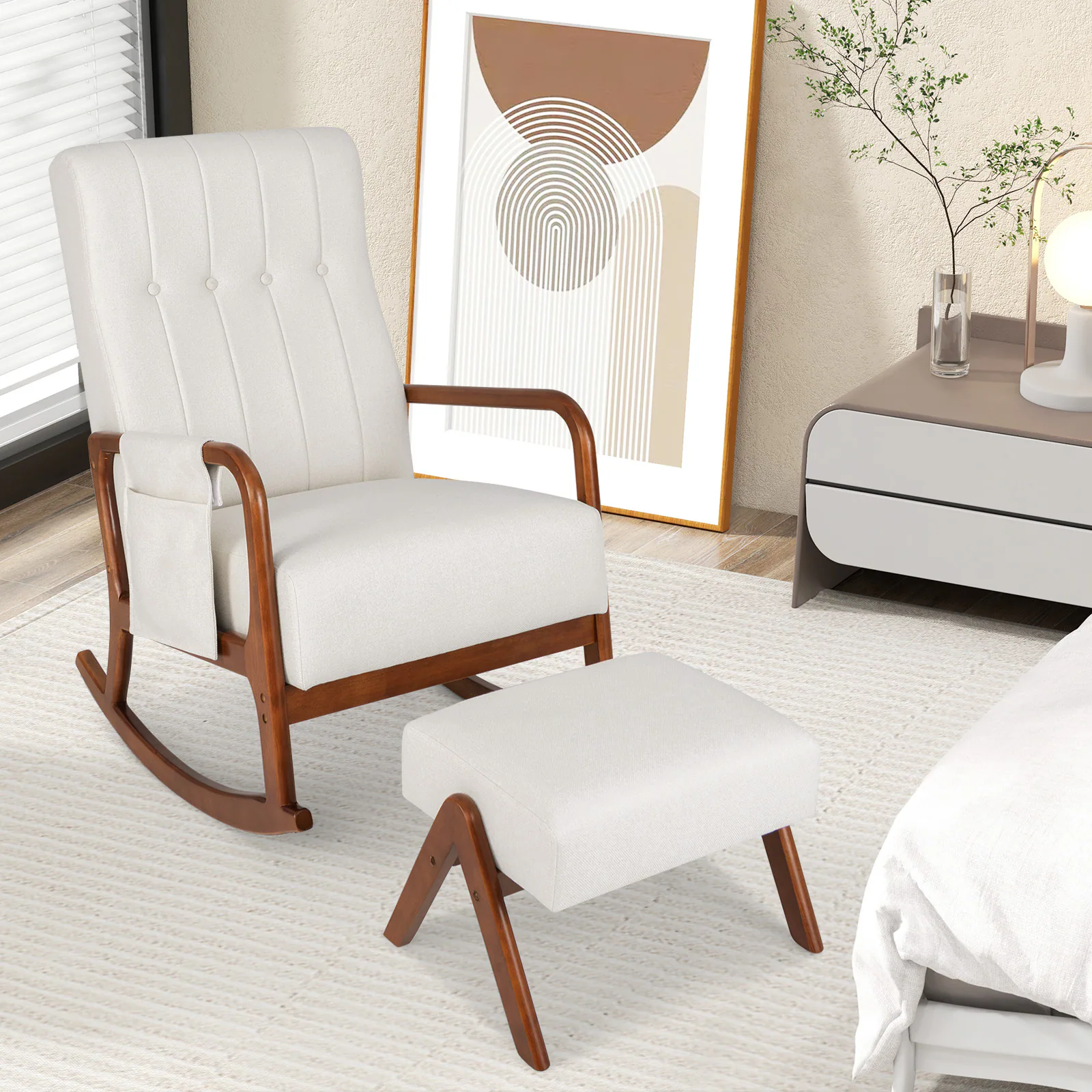 Alt View 8. Ecooso - Rocking Chair with Ottoman and Solid Rubber Wood Frame, Padded Cushion for Comfort - Beige.