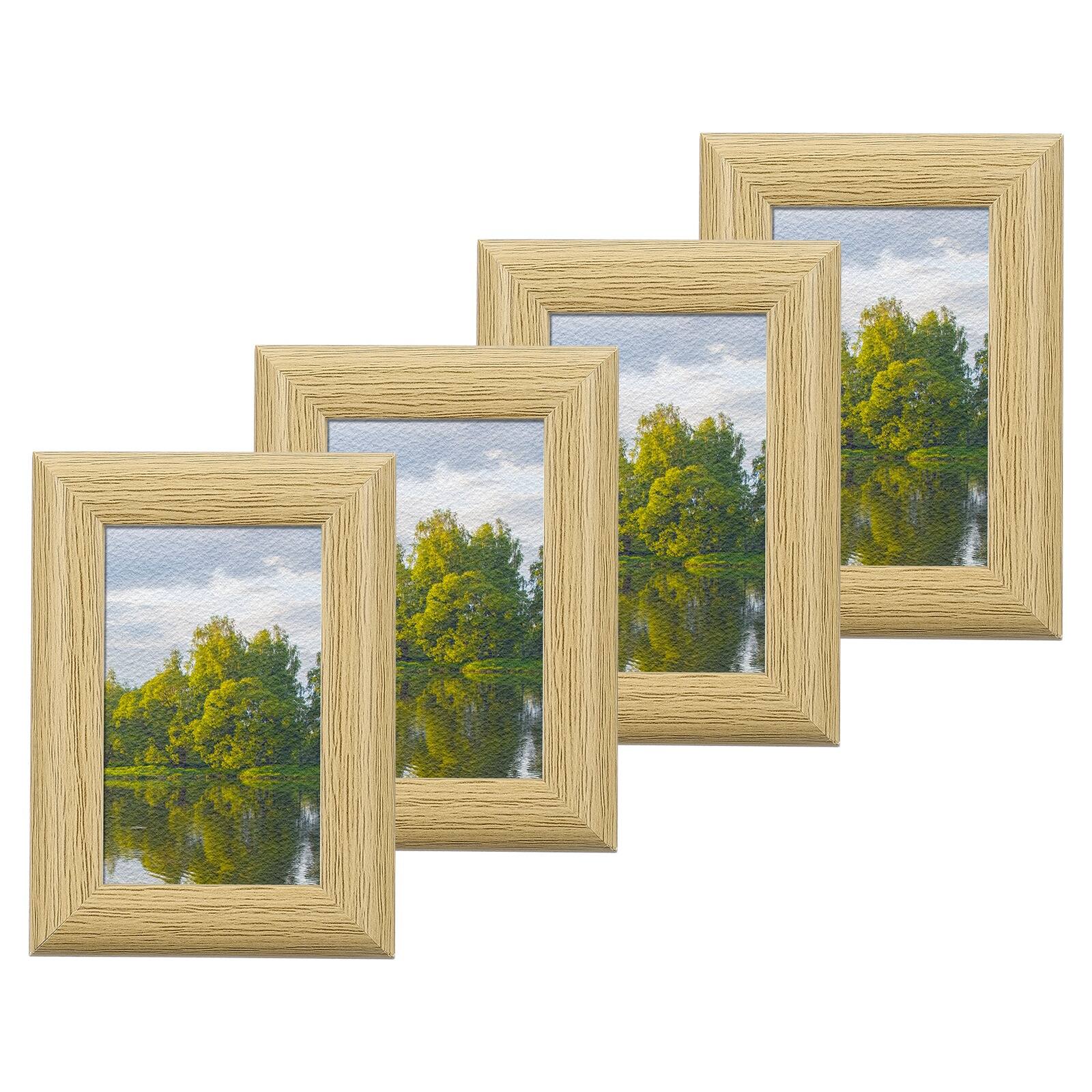 Front. Unique Bargains - 4pcs Wood Picture Frames, 2x3 Inch Wooden Photo Frame with Mat Glass Panel for Wall Tabletop Display - Natural Beige.