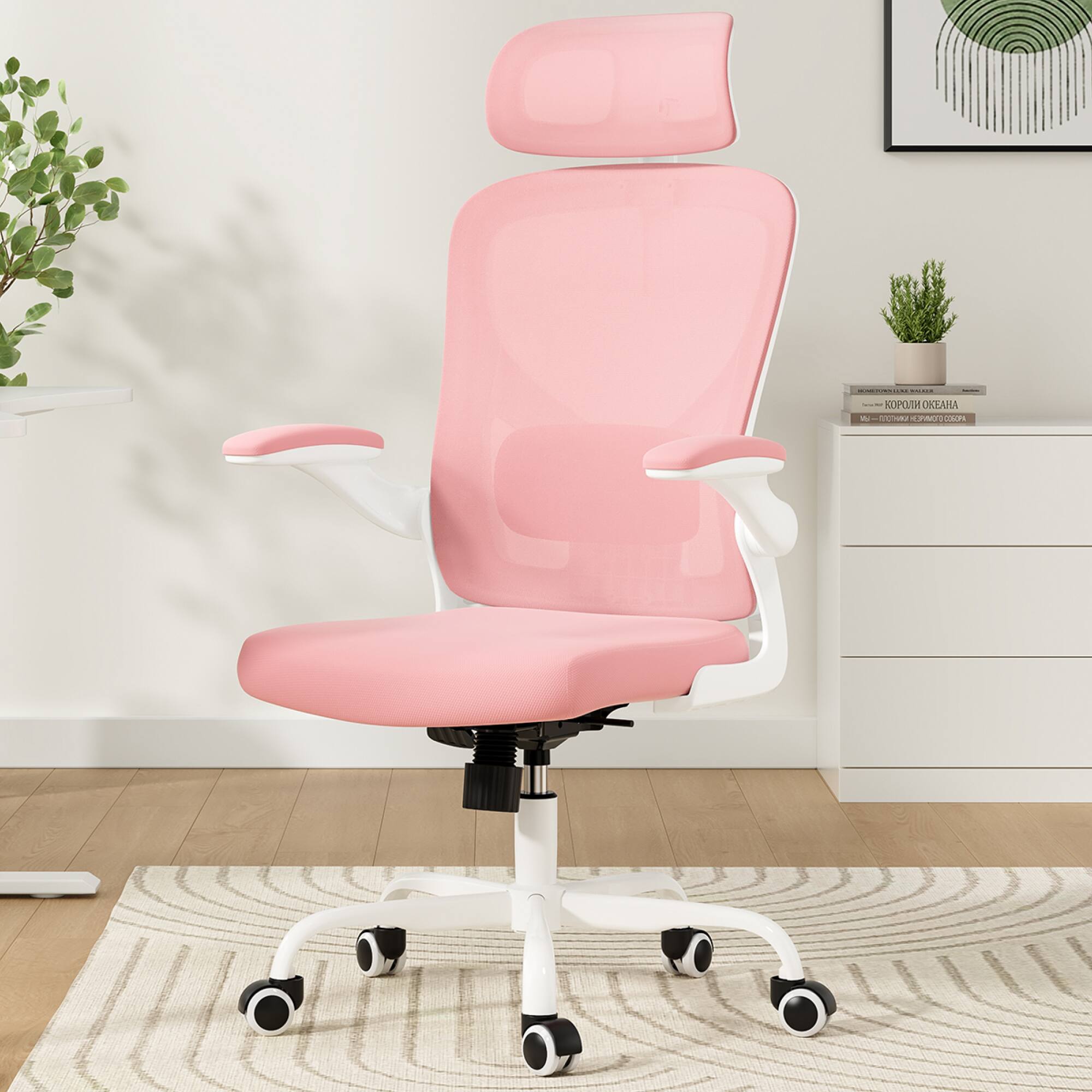 Alt View 6. GOODSILO - Ergonomic High Back Office Chair with Adjustable Headrest and Lumbar Support for Home and Study Rooms - Pink+White.
