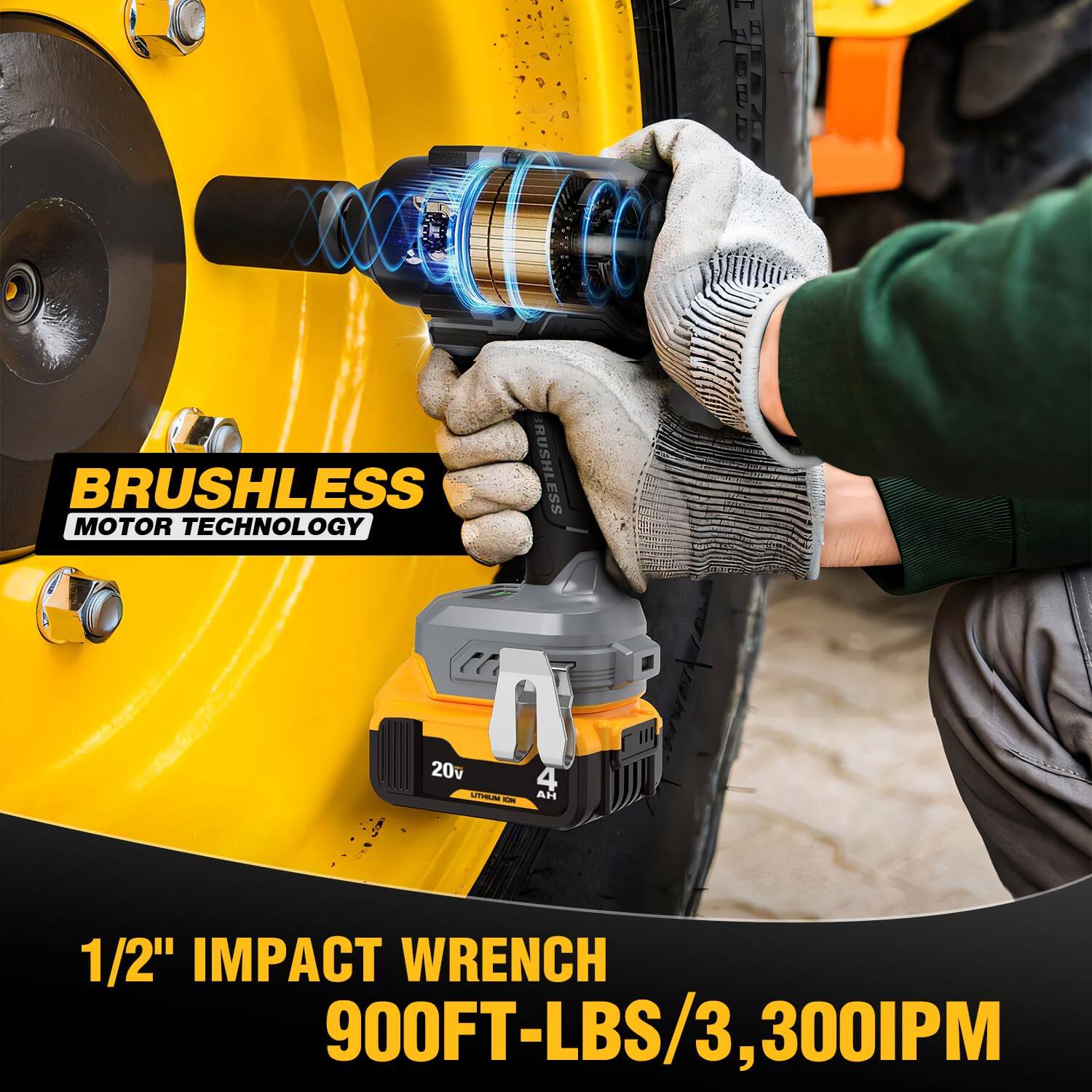 BRUSHLESS MOTOR TECHNOLOGY

20v 4.0 AH

1/2" IMPACT WRENCH
900FT-LBS/3,300IPM