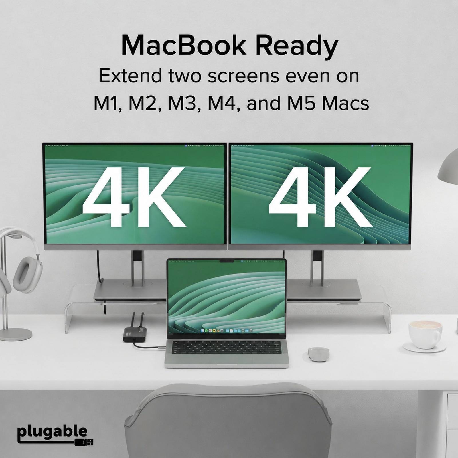 Plugable USB C to HDMI Adapter, Dual Monitor 4K 60Hz for Apple Mac