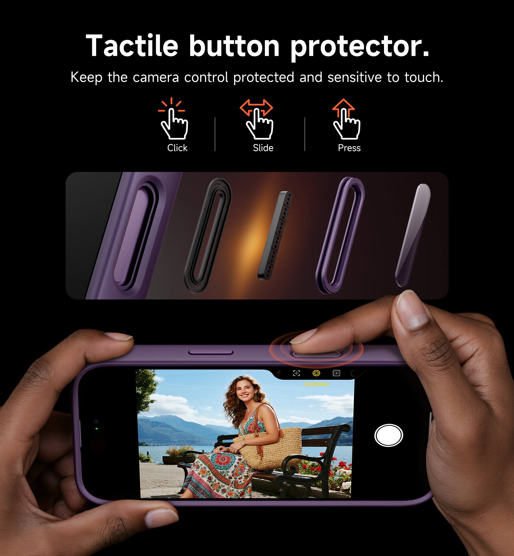 Tactile button protector.  
Keep the camera control protected and sensitive to touch.  
Click Slide Press  

CAMERAS