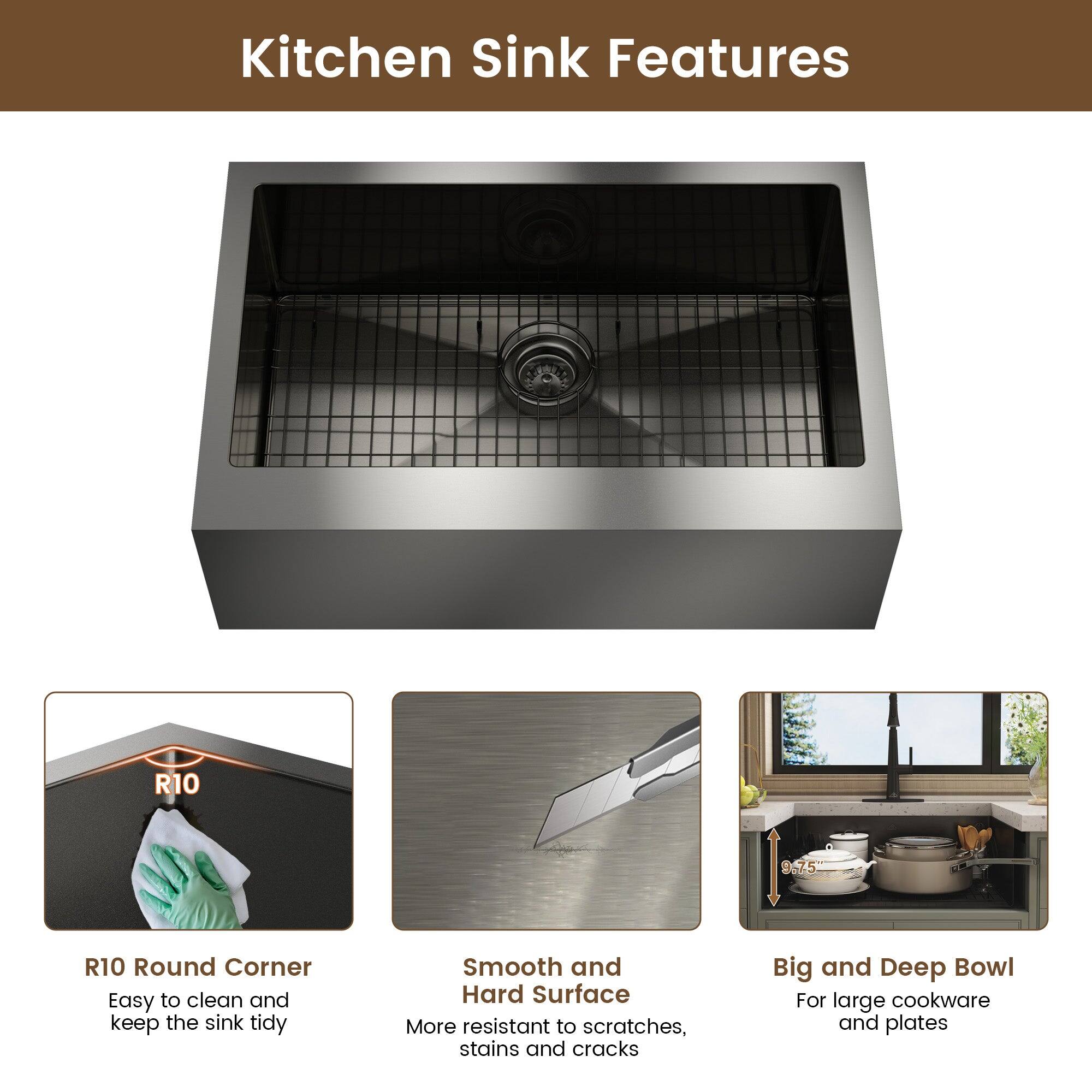 Kitchen Sink Features

R10 Round Corner
Easy to clean and keep the sink tidy

Smooth and Hard Surface
More resistant to scratches, stains and cracks

Big and Deep Bowl
For large cookware and plates
