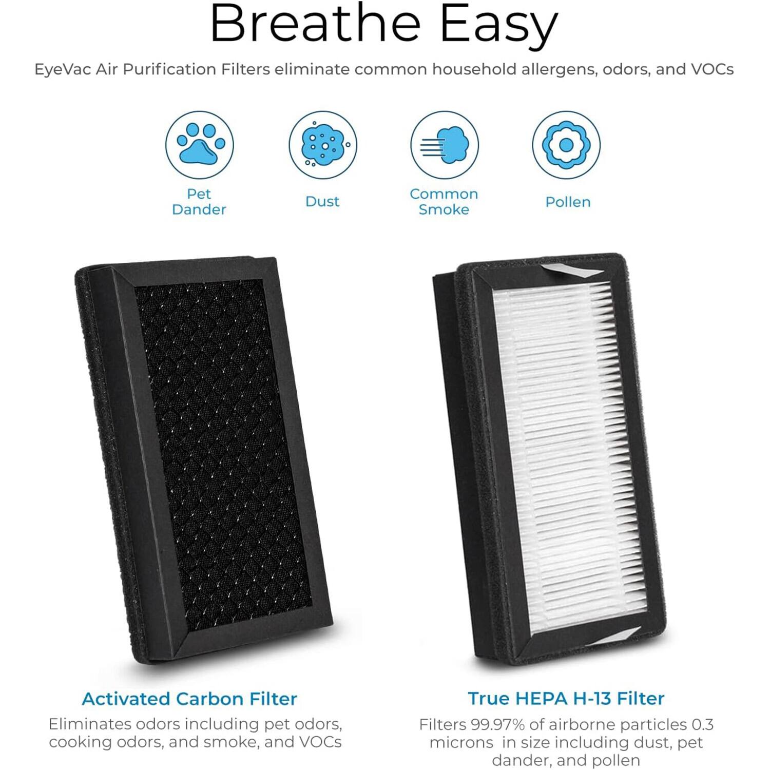Breathe Easy

EyeVac Air Purification Filters eliminate common household allergens, odors, and VOCs

- Pet Dander
- Dust
- Common Smoke
- Pollen

Activated Carbon Filter
Eliminates odors including pet odors, cooking odors, and smoke, and VOCs

True HEPA H-13 Filter
Filters 99.97% of airborne particles 0.3 microns in size including dust, pet dander, and pollen