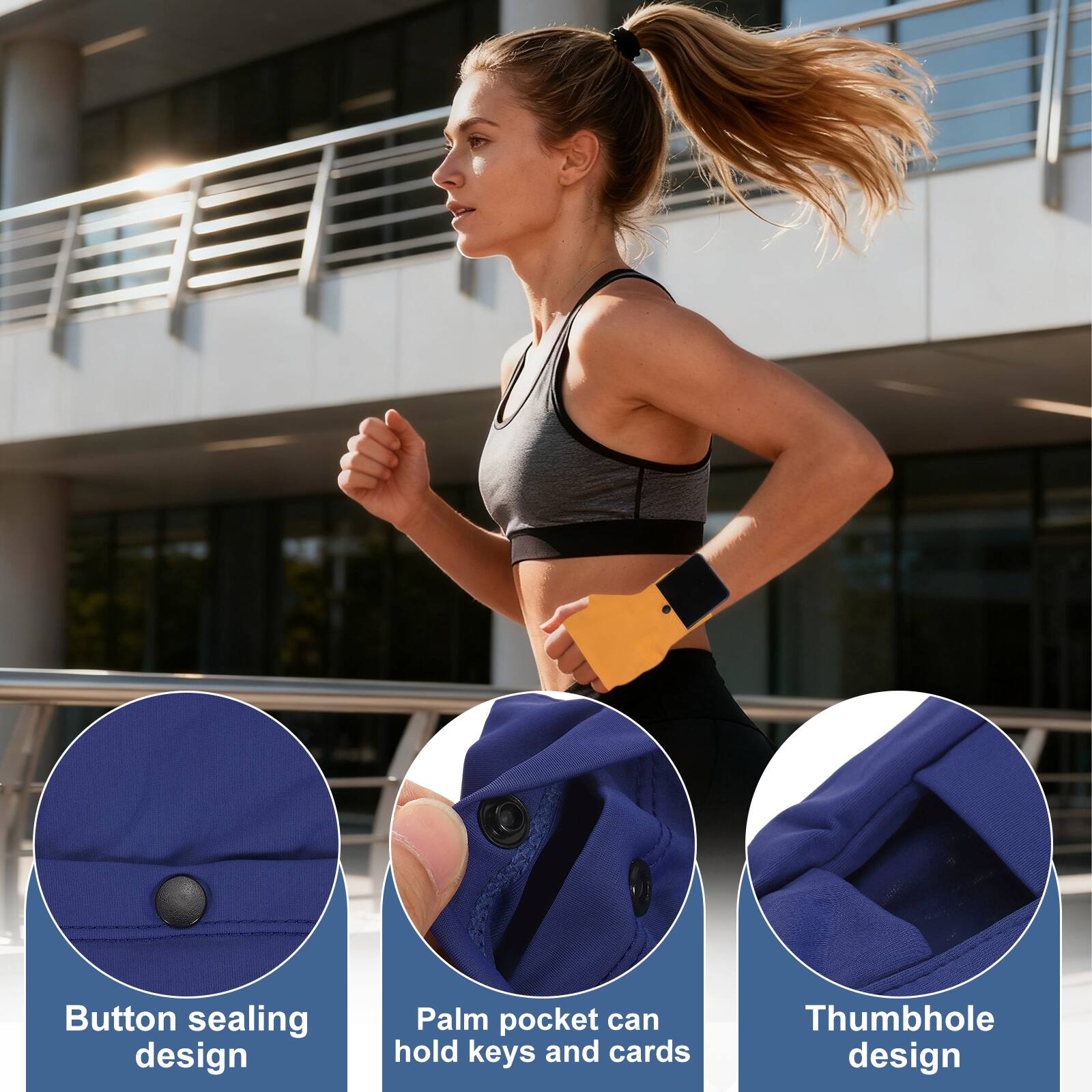 Button sealing design  
Palm pocket can hold keys and cards  
Thumbhole design