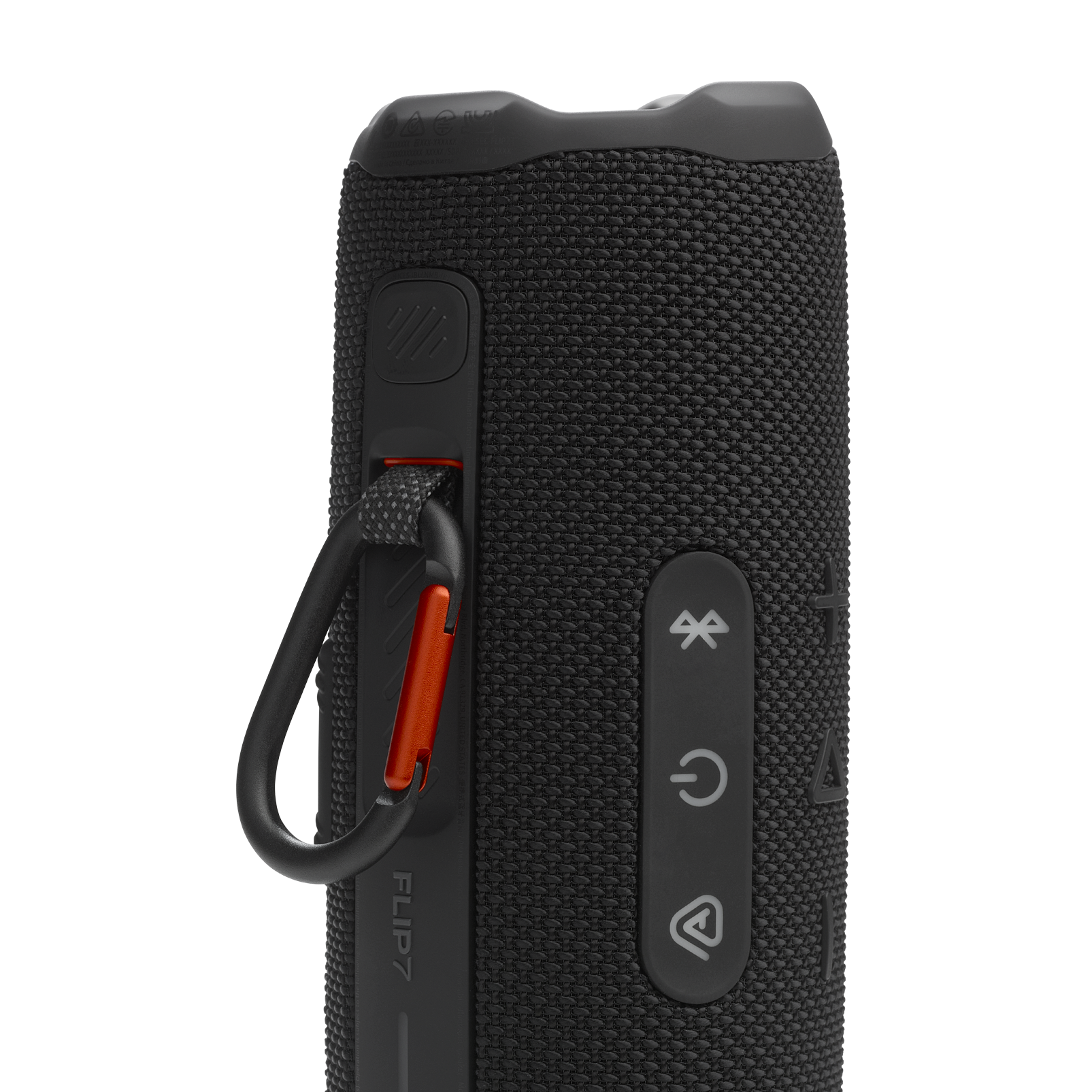 The text on the image reads "DA e me e te 1// FLIP7." This is a description of the black and orange device, which is a Flip 7 speaker. The device is designed for outdoor use and features a flip-style design with a built-in speaker and a handle for easy transport.