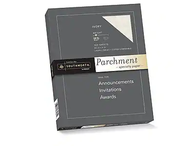IVORY
WEIGHT: 24 lb
100 SHEETS
8.5" x 11"
Laser, Inkjet, Copper Compatible
Parchment
— specialty paper —
SOUTHWORTH
by Neenah
IDEAL FOR:
Announcements
Invitations
Awards