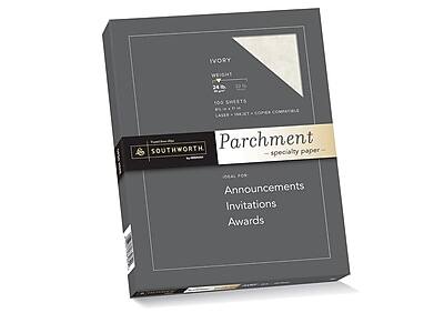 IVORY  
WEIGHT: 24 lb  
100 SHEETS  
8.5" x 11"  
Laser, Inkjet, Copper Compatible  

Parchment  
— specialty paper —  

SOUTHWORTH  
by Neenah  

IDEAL FOR:  
Announcements  
Invitations  
Awards