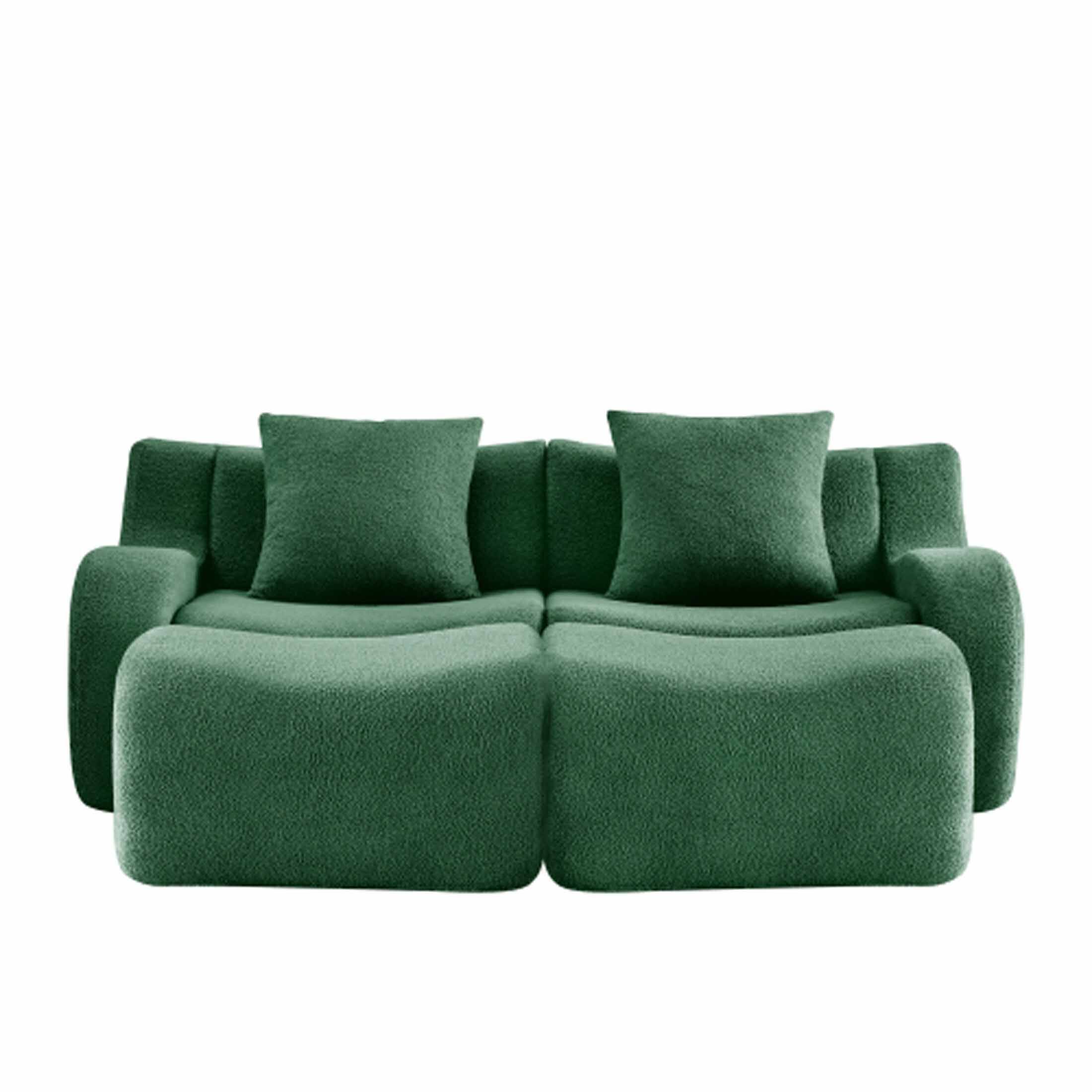Back. Aukfa - Modular Teddy Fabric Sofa - 2-Seat Sectional with 2 Ottomans, Soft Boneless Design for Living Room - Green.