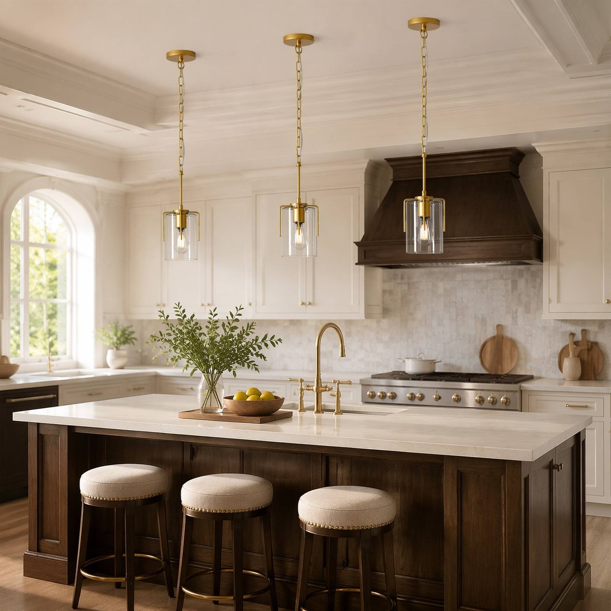 Left. RYHNUYNE - Farmhouse Gold Pendant Light, 1-Light Clear Glass Adjustable Hanging Fixture for Kitchen Island & Dining Room - Gold.
