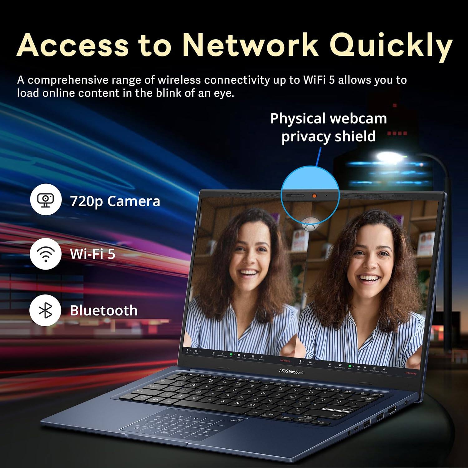 Access to Network Quickly

A comprehensive range of wireless connectivity up to WiFi 5 allows you to load online content in the blink of an eye.

- 720p Camera
- Wi-Fi 5
- Bluetooth

Physical webcam privacy shield