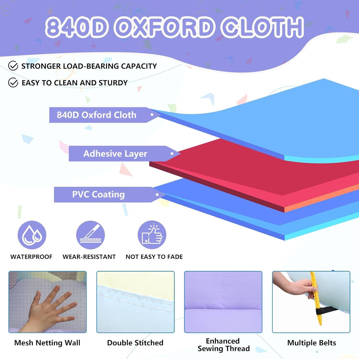 840D Oxford Cloth

- Stronger Load-Bearing Capacity
- Easy to Clean and Sturdy

840D Oxford Cloth
- Adhesive Layer
- PVC Coating

Features:
- Waterproof
- Wear-Resistant
- Not Easy to Fade

Additional Details:
- Mesh Netting Wall
- Double Stitched
- Enhanced Sewing Thread
- Multiple Belts