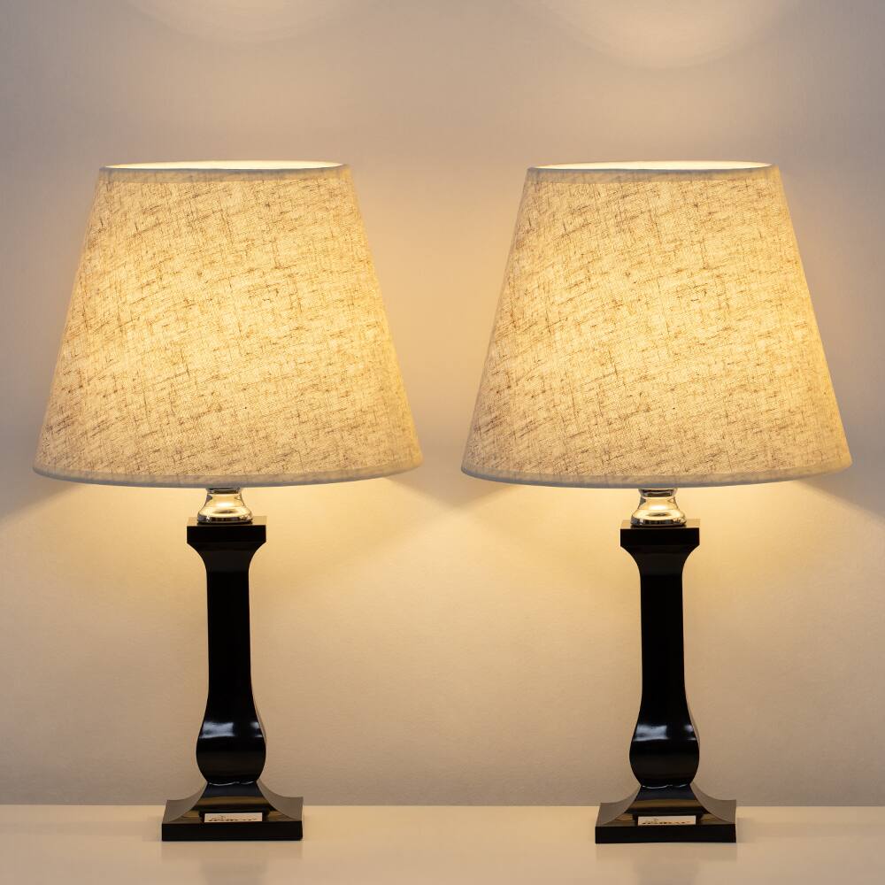 Front. Oumilen - Black Acrylic Table Lamp with Linen Shade, Square Base, E26 Socket & 67In Cord.