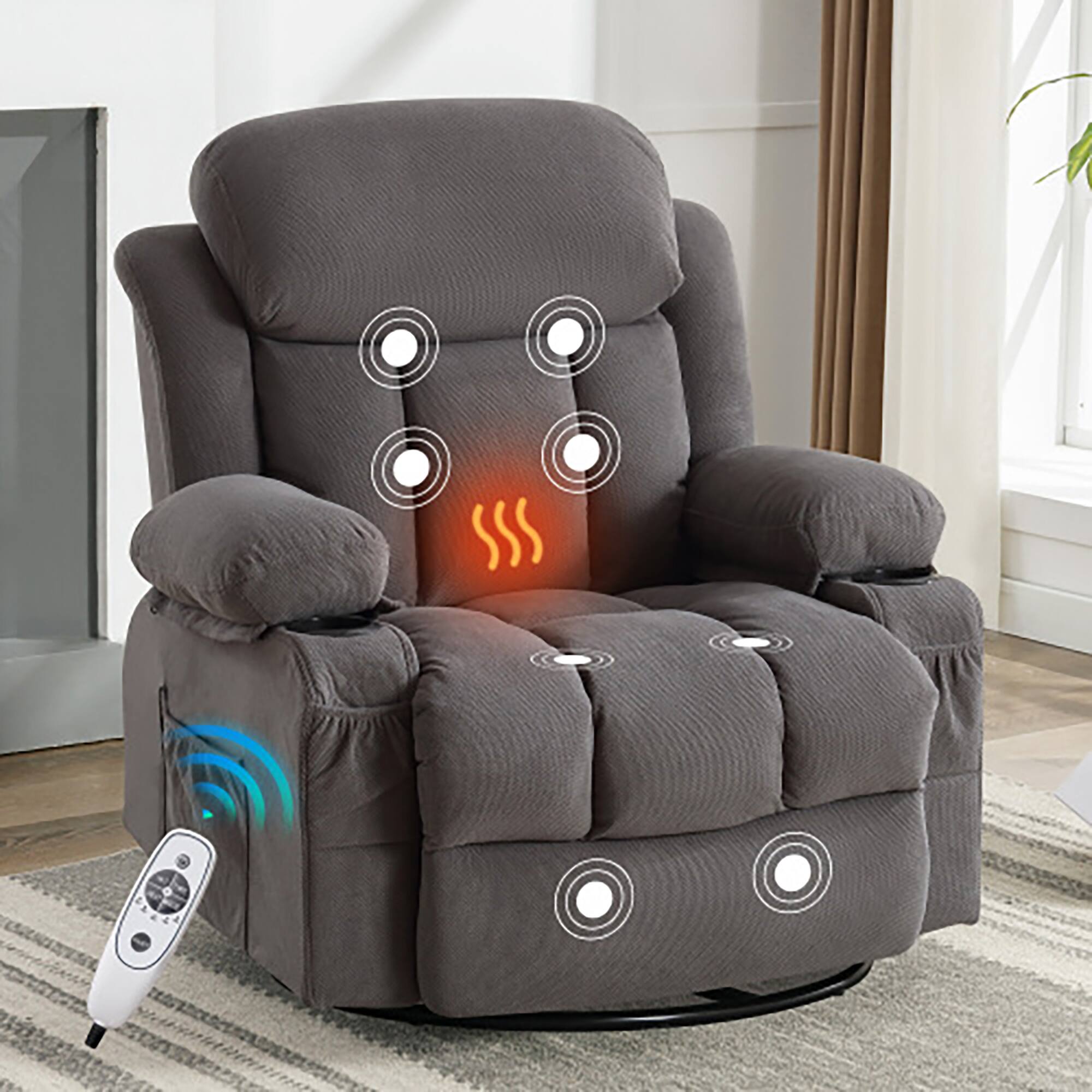 Front. Boyel Living - Swinging Recliner Massage Heated Sofa with USB and 2 Cup Holders - Gray.