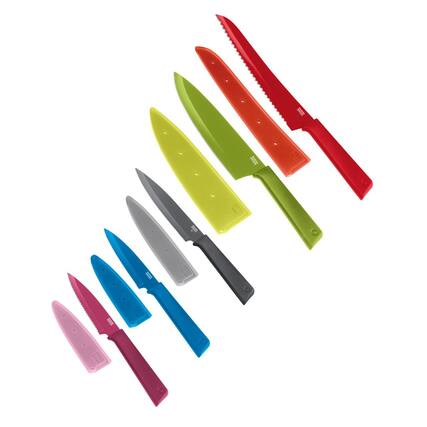 Front. Kuhn Rikon - COLORI+ Knife Set with Non-Stick Coating and Safety Sheaths, Set of 5 - Multicolor.