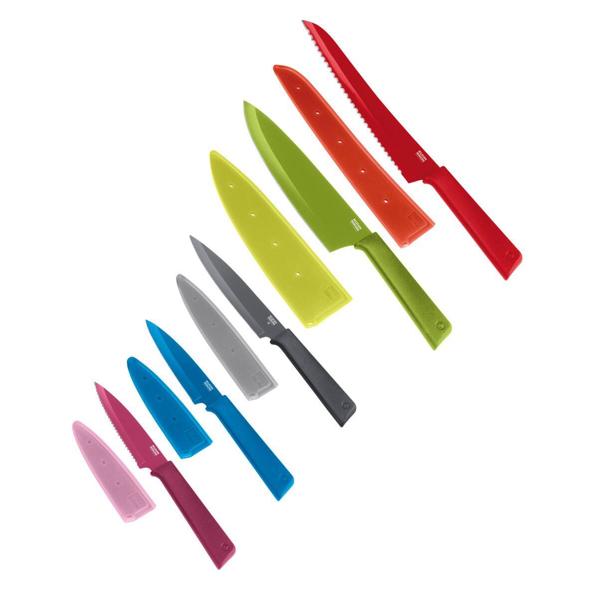 Front. Kuhn Rikon - COLORI+ Knife Set with Non-Stick Coating and Safety Sheaths, Set of 5 - Multicolor.