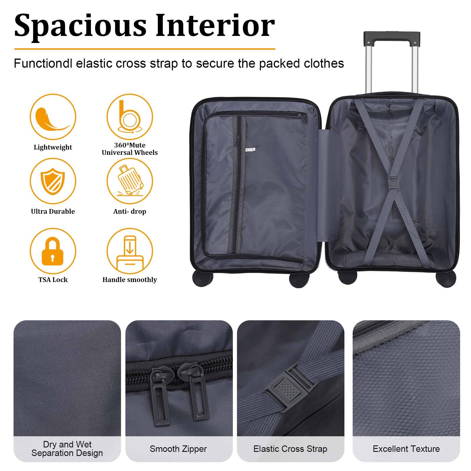 Spacious Interior  
Functiondl elastic cross strap to secure the packed clothes  
Lightweight  
360° Mute Universal Wheels  
Ultra Durable  
Anti-drop  
TSA Lock  
Handle smoothly  
Dry and Wet Separation Design  
Smooth Zipper  
Elastic Cross Strap  
Excellent Texture