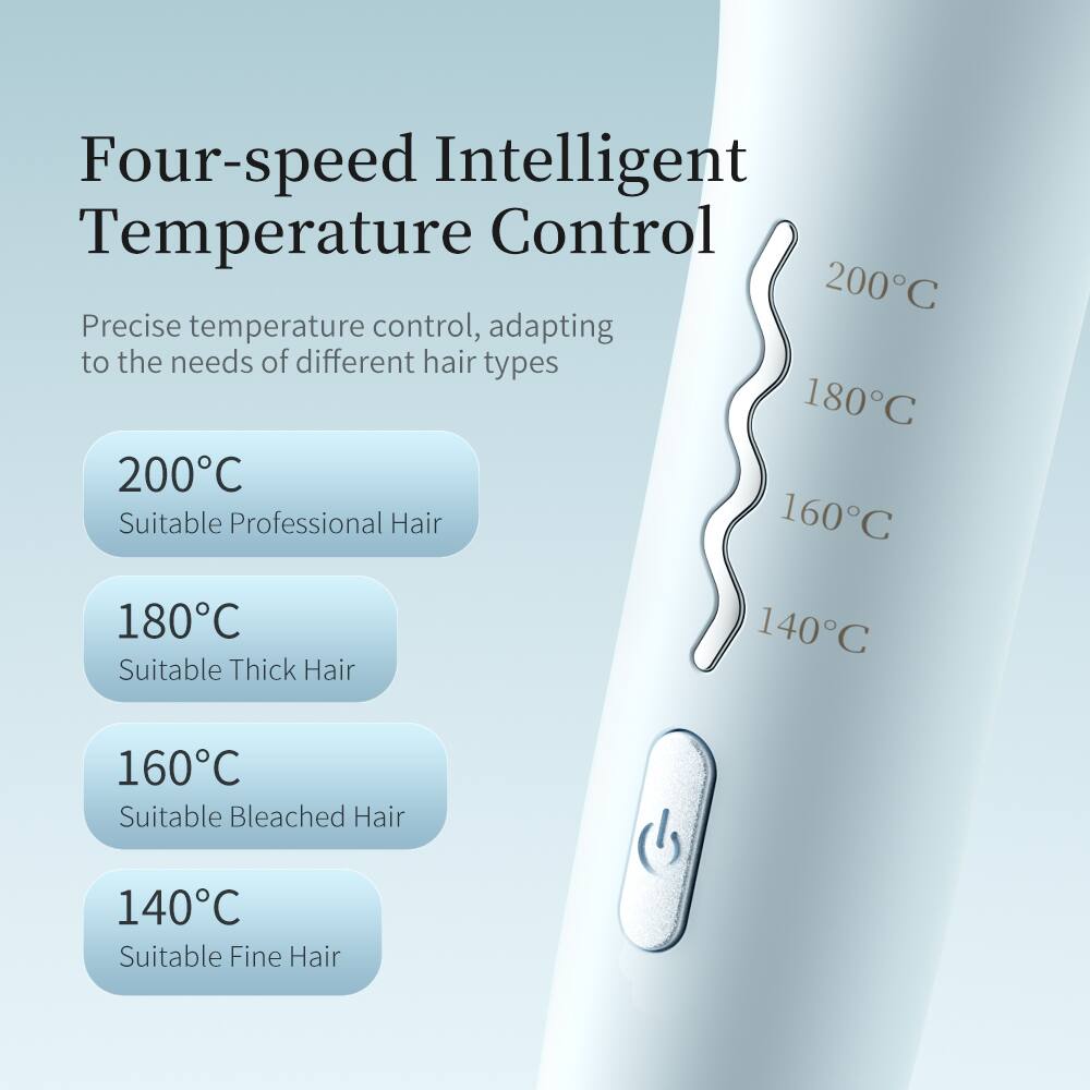 Four-speed Intelligent Temperature Control

Precise temperature control, adapting to the needs of different hair types

- 200°C: Suitable for Professional Hair
- 180°C: Suitable for Thick Hair
- 160°C: Suitable for Bleached Hair
- 140°C: Suitable for Fine Hair