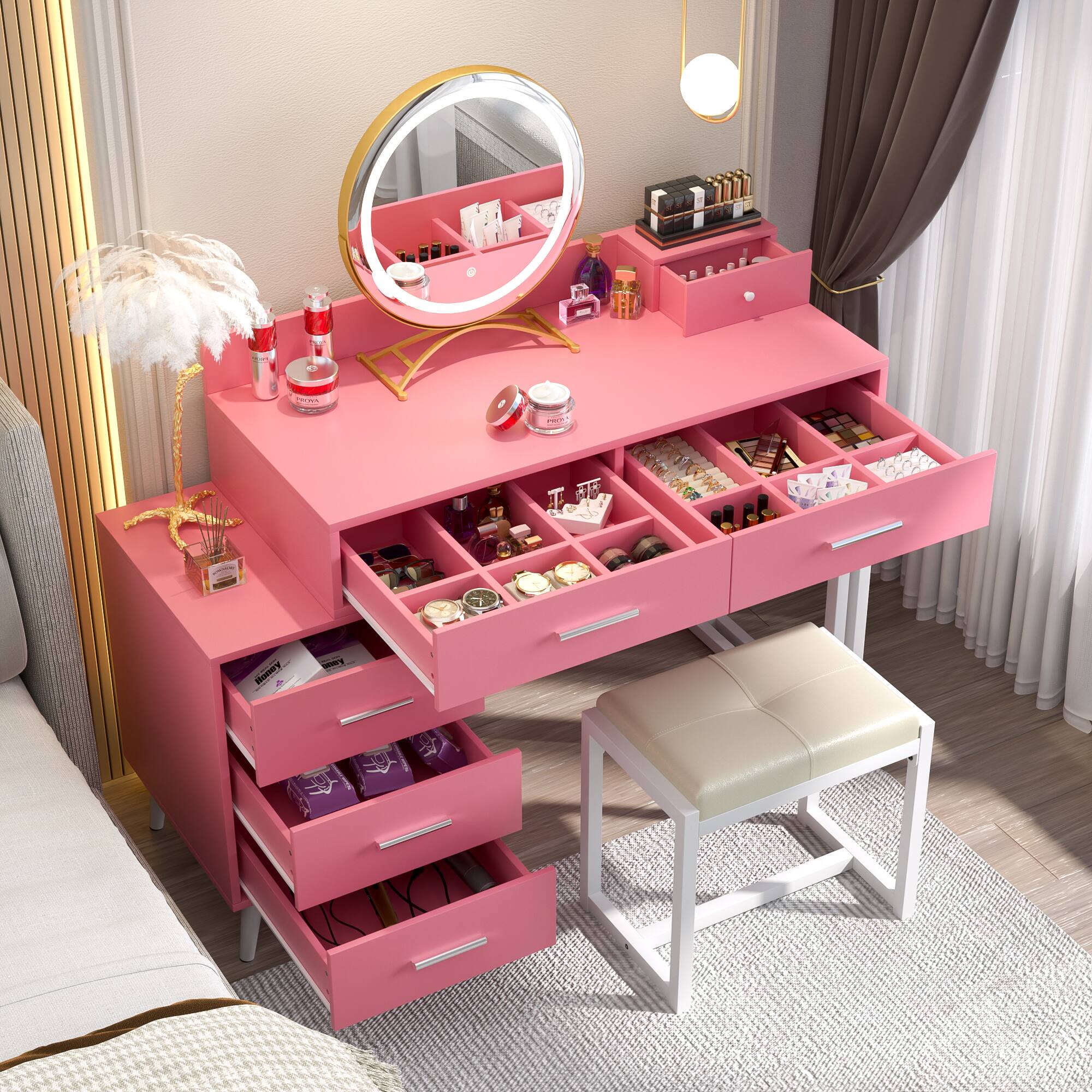Alt View 1. Aheaplus - Modern Vanity Desk with LED Mirror & 6 Drawers - Includes Cushioned Stool & Organizers for Bedroom - Pink.