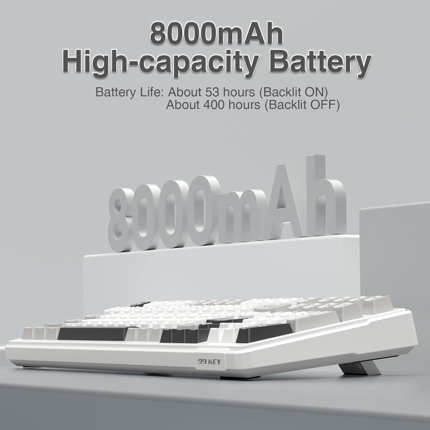 8000mAh High-capacity Battery

Battery Life:
- About 53 hours (Backlit ON)
- About 400 hours (Backlit OFF)

99 KEY