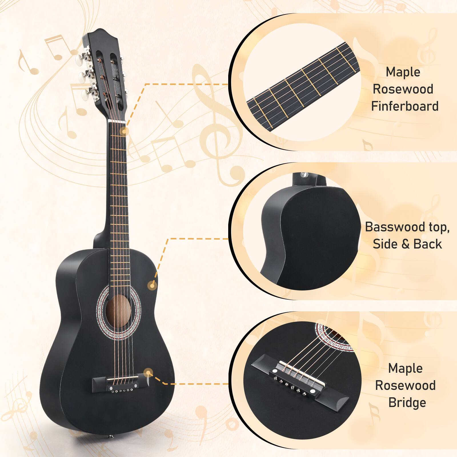 Maple Rosewood Fretboard  
Basswood top, Side & Back  
Maple Rosewood Bridge
